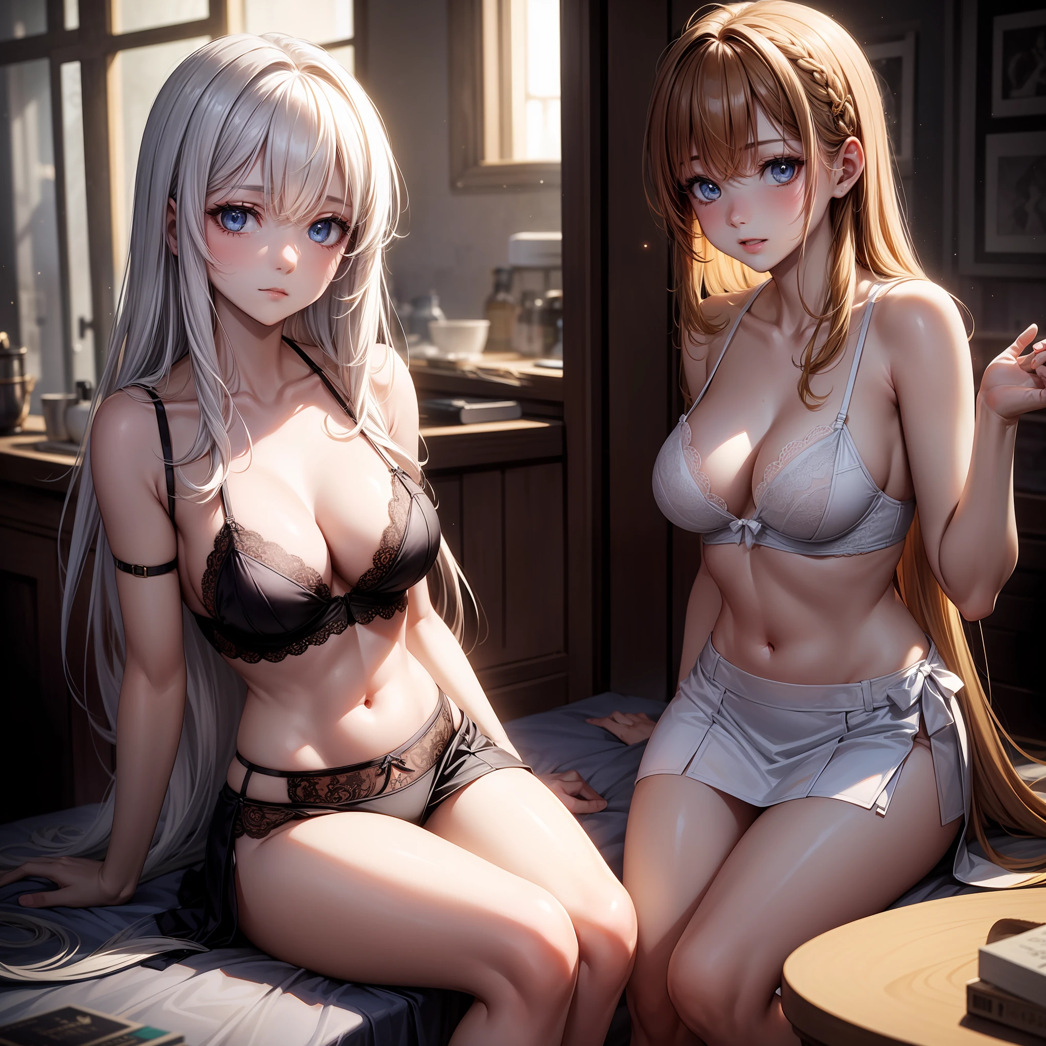 Works of masters,Best image quality,超高分辨率,Open the woman,long whitr hair,white colors,A patient expression,vacant eyes,blue colors,exposing her chest,The large,Erotic lingerie,lifting up skirt,Creampie,8K分辨率,Peerless beauty,Hair is depicted in detail,Small nose,exquisite lighting and shadows,The facial features of the golden ratio,k hd,with light glowing,White glowing particle effect,(rich colours),Bare legged,is inserted,Creampie,Obscene lines on the lower abdomen