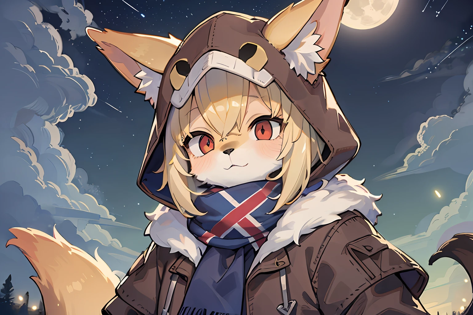Fox Boy,Shota,hairy pubic,shaggy,Smoothes lashes,Skin fur,Golden fur,Short hair in men,Forelimb hands, solid circle eyes,Golden ears,Golden face fur , Short blonde hair,Red eyes,Super cute face,Brown elements on fur,Brown coat brown hood up,Star pattern T,Ambient light,Ultra-fine fur,volumettic light,Night,natural lightting,fox tails,A tail,nevando,Night,A sky full of stars,meteors,full moon,By the lake,crossed bangs, Hairline, Shiny hair,Empty eyes,35mm,sharp talons。High quality, high detal, Best quality, hyper HD, Dark brown gloves,Star pattern scarf,individual,Single