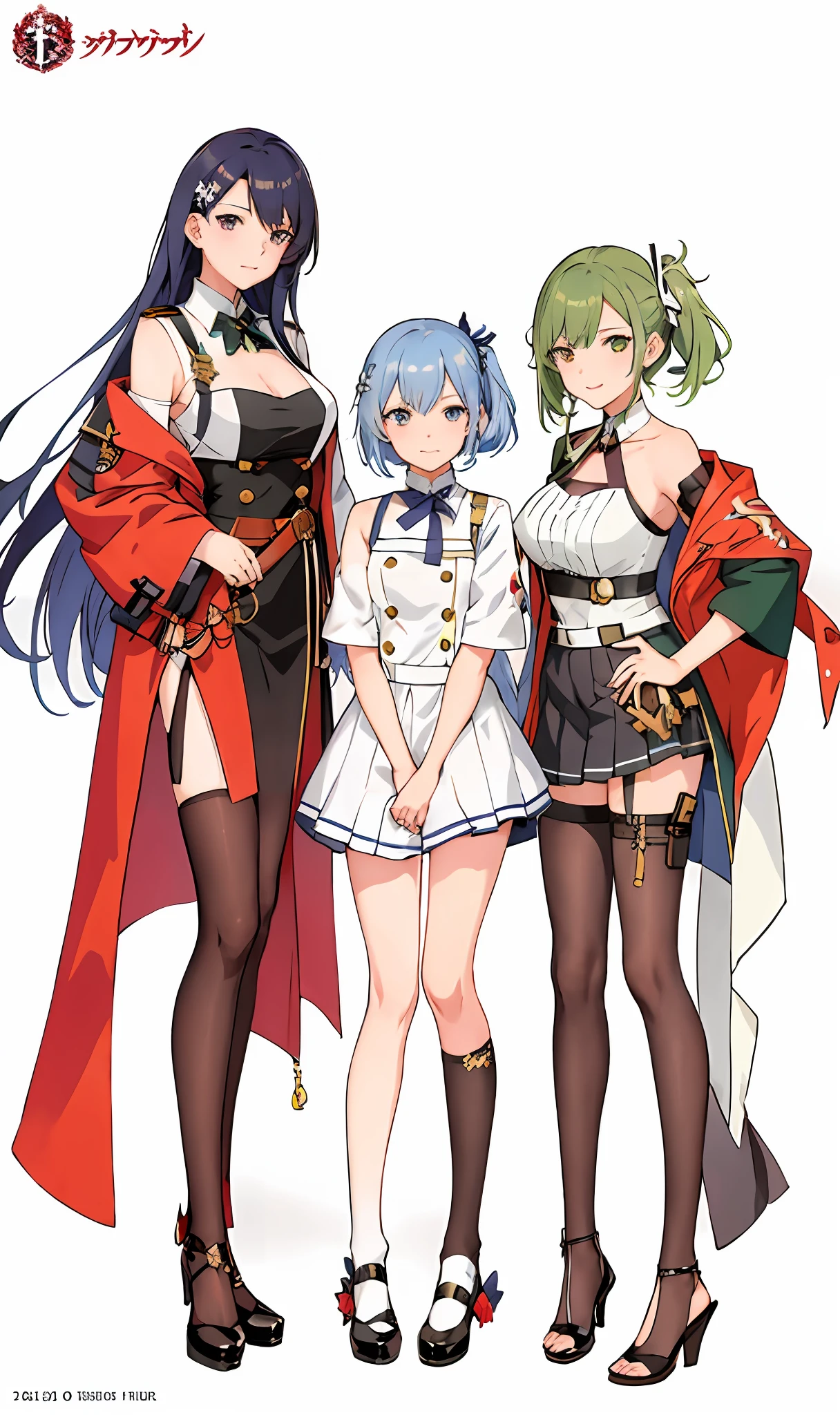 Anime characters in different costumes standing side by side, 《azur lane》role, Kantai collection style, azur lane style, girls frontline style, macross frontier splash art, evangelionic illustration, perfect android girl family, high detailed official artwork, A scene from the《azur lane》videogame, Official artwork, macross delta splash art