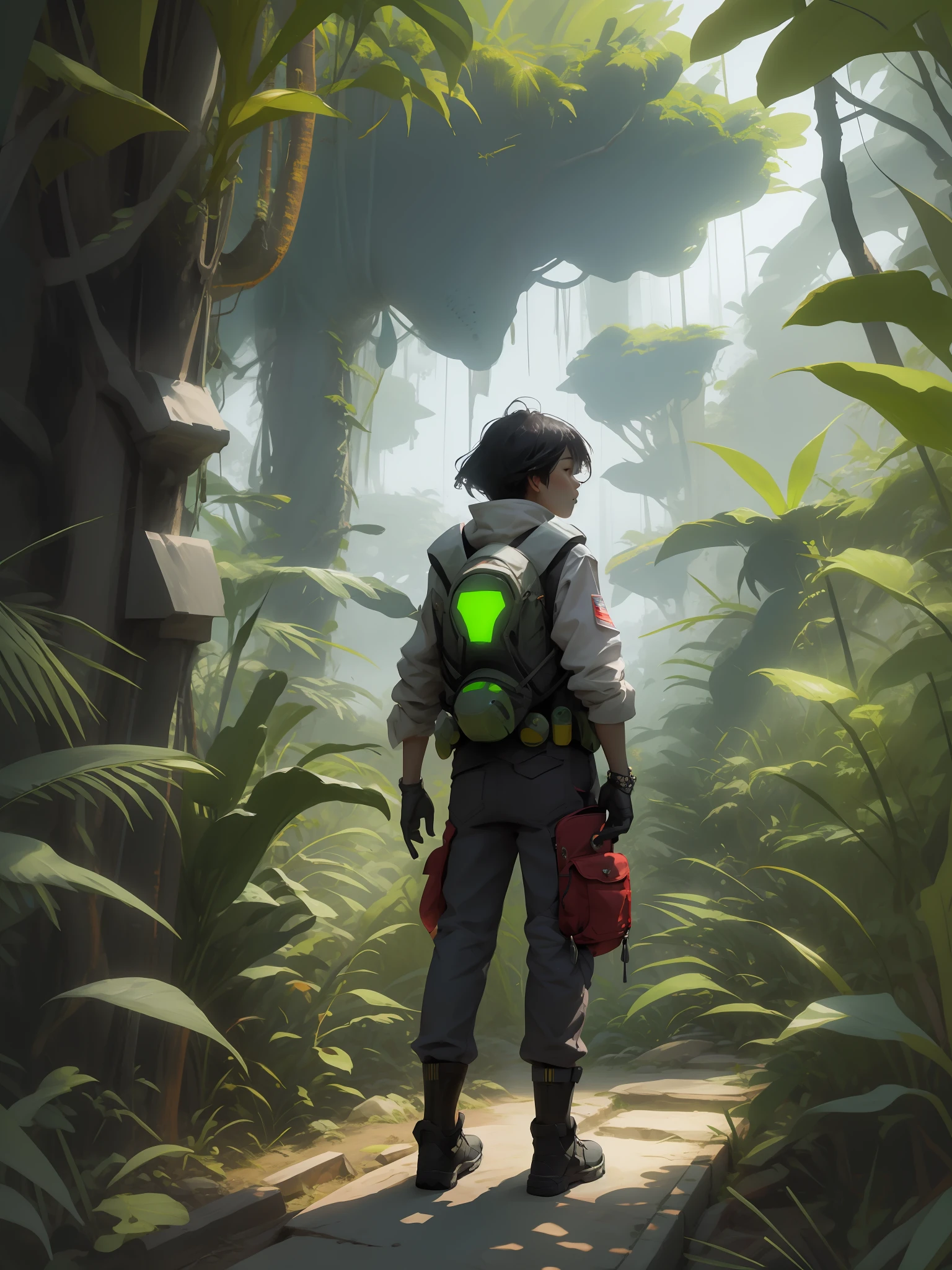Adventure little boy，Space explorer，Alien jungle，Whimsical plants，Bizarre plants， Picture on the back， standing on a tree branch，looking at the distance，Alien jungle， full bodyesbian， sun and shadow （complexdetails）， hdr， （complexdetails， Hyper-detailing：1.2）， 电影灯光， at centre