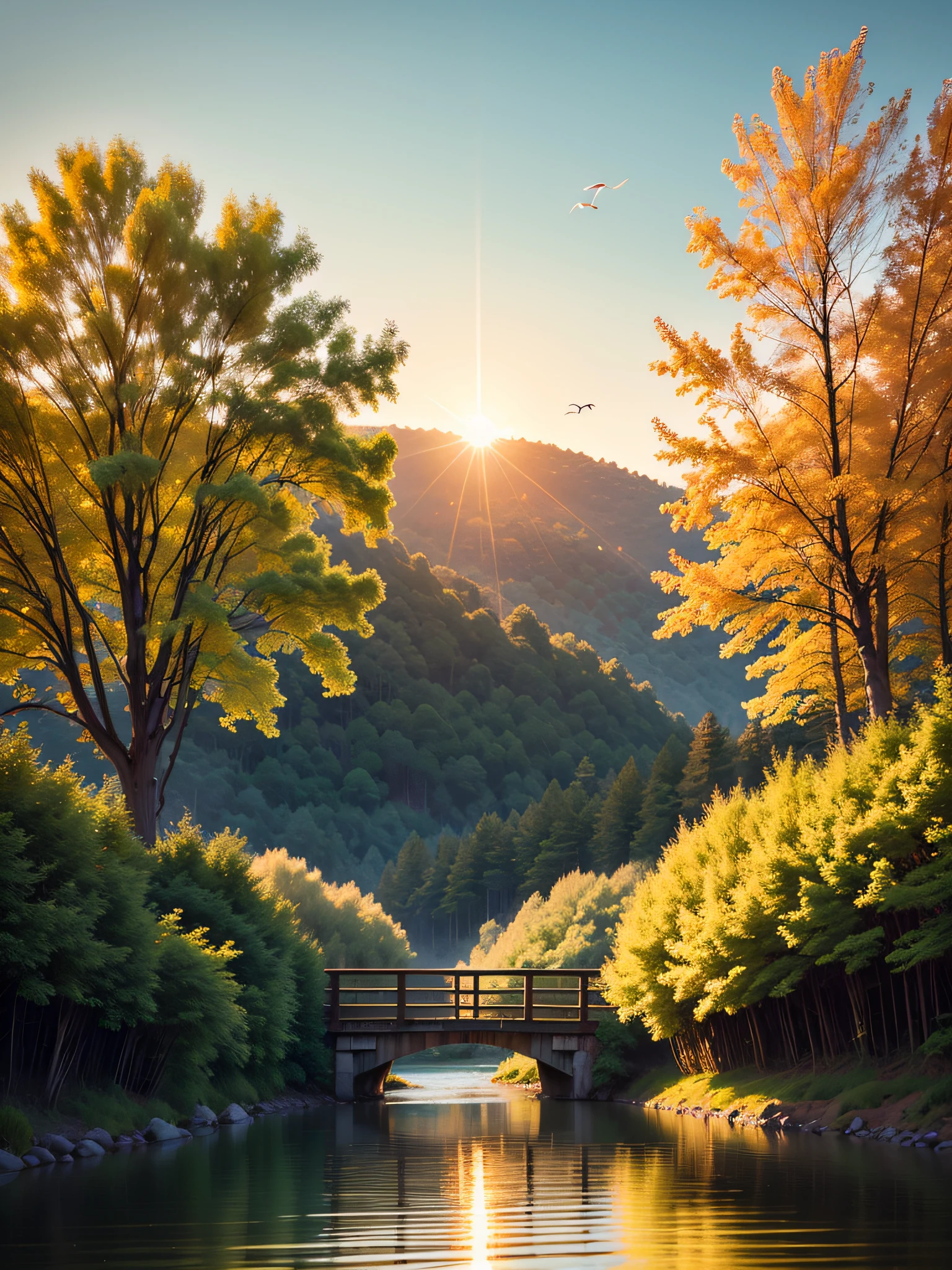 On a peaceful riverside,The sun shines on the turquoise meadows,A gentle breeze blows,The blades of grass sway gently。In the distance is a dense forest,The turquoise trees dance happily in the breeze。The river flows leisurely,Flashing with a faint light,Like a silver ribbon across the earth。There is a small wooden bridge by the river,The white railings were covered with vines,It's like an entrance to Wonderland。
Stand on the small bridge and look forward,You can see a rolling hill,The hills are dotted with wildflowers in full bloom,A variety of vibrant colors work together。There are several white clouds floating in the blue sky,Soft as a marshmallow。The sky gradually turned orange-red,Sunset,It adds a touch of warmth and romance to the whole picture。
There is an empty meadow by the river,Several small birds jumped happily on the grass,Pleasant birdsong。There is a tall willow tree in the middle of the meadow,The branches swayed gently,Cast dappled shadows。There are several blue loungers by the lake,It seems to invite people to sit down and rest,Enjoy this moment of tranquility。 --auto