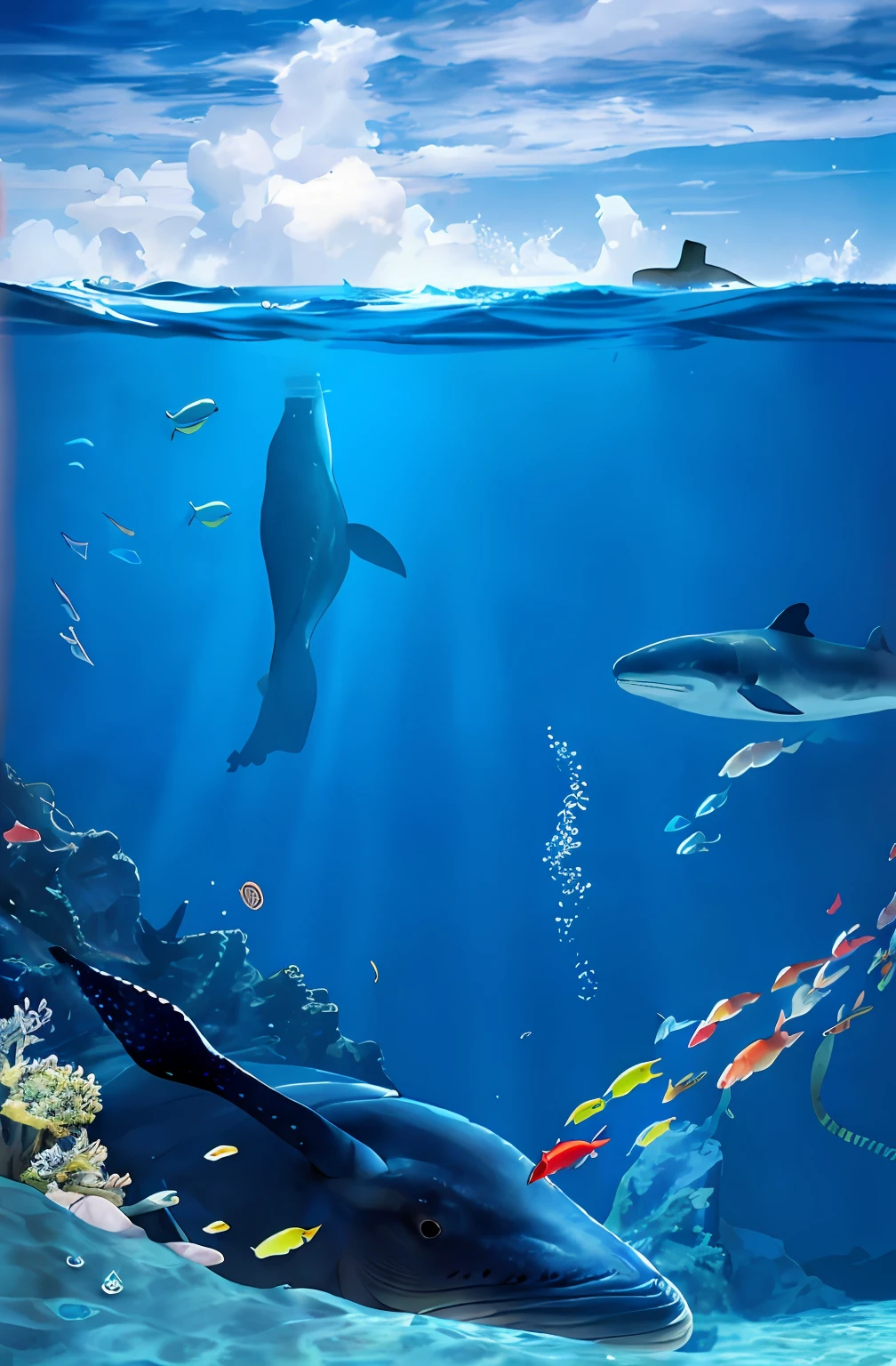 There are whales and fish swimming in the sea, ocean floor, undersea environment, bubbly underwater scenery, underwater ocean, Underwater scene, underwater scenery, underwater environment, Underwater background, Under water, underwater view, realistic ocean, deep underwater scene, masterpieceunderwater scene, ocean floor, Under the ocean, underwater scenery, Deep sea pictures, amazing depth