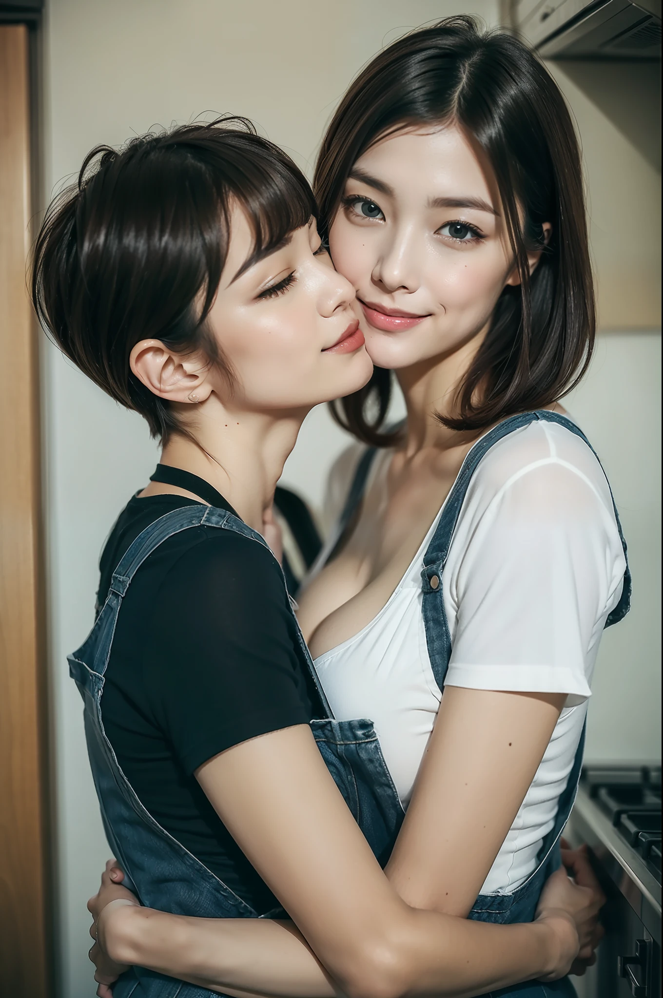 best qualtiy、​masterpiece、fidelity:1.3、超A high resolution、(Photorealsitic:1.4)、Couple hugging each other in the kitchen（Year difference couple、The woman is tall:1.5、Man is a boy）、1 Most Beautiful Mature Woman in Japan（Obscene big breasts:1.4、Wearing an apron、Bob Hair）、1 boy with a cute face（shortsleeves）The ultra -The high-definition、Flirting
