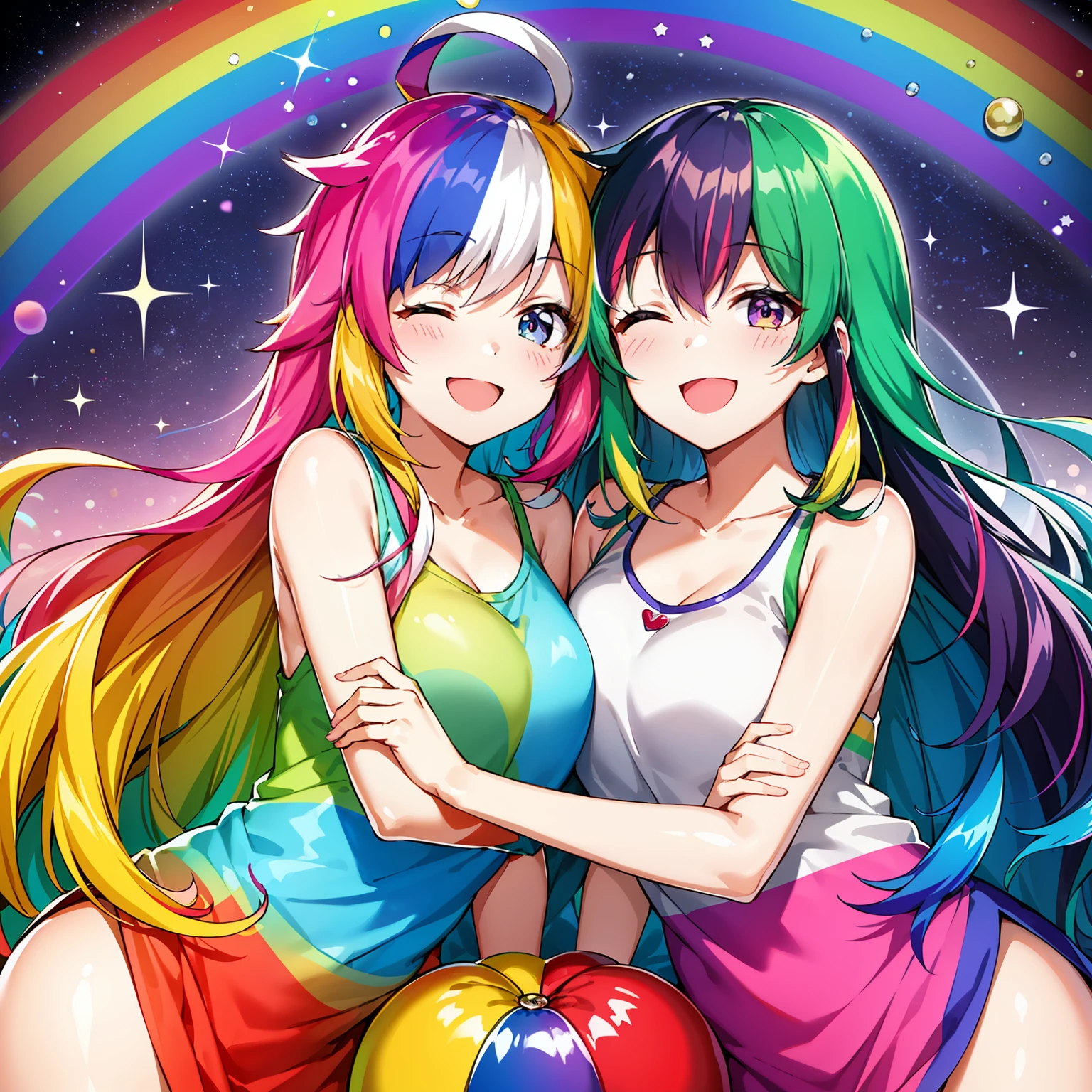 超A high resolution, nffsw, Best aesthetic, Best Quality, masutepiece, a couple,The best smile, Smiling and closing eyes, Very big mouth smile, rainbow hair, multicolored hair, rainbow eyes,