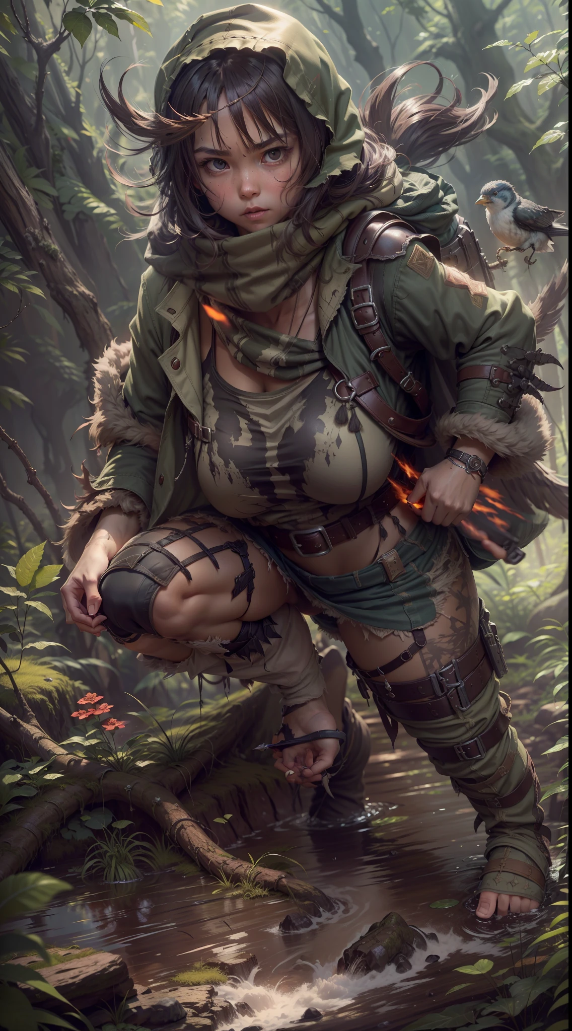 Bird's eye shot,super wide shot,Look down from above,Dense jungle,Rough and damp trees,Huge thick vine,weeds,water puddles,marshes,Piranha,Huge King Kong and a 5--old enture squad,Bow and arrow shooting,cute kid,both sexes,,Very short,Thick hammer,Jump into the air to hit,Dungeon game style,adventurer clothing,brutal,bloodthirsty,attacking,bloods,heavy bleeding,super-fine,Works of masters,high qulity,8K分辨率,depth of fields,电影灯光,Epic shooting
