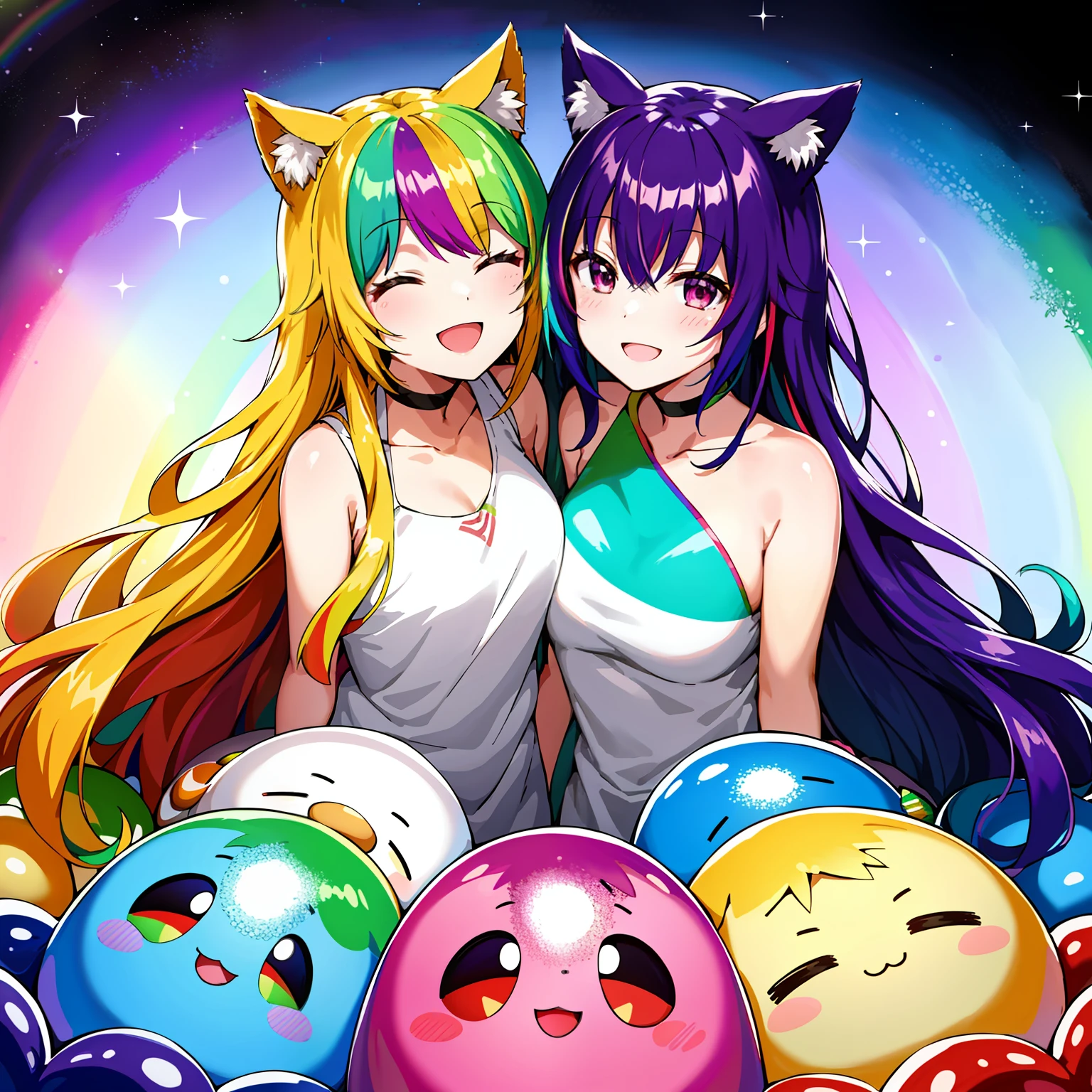 超A high resolution, nffsw, Best aesthetic, Best Quality, masutepiece, a couple,The best smile, Smiling and closing eyes, Very big mouth smile, rainbow hair, multicolored hair, rainbow eyes,