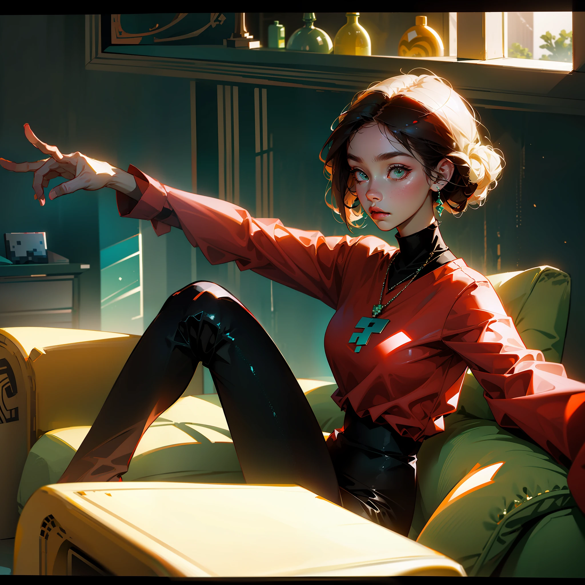 1080p,estilo cartoon 2D,personagem feminina(loira,altura normal),Wearing a red shirt with the Minecraft logo and black pants,segurando um controle de Xbox,sitting not sofa ,olhando pro viewer,selfie --auto