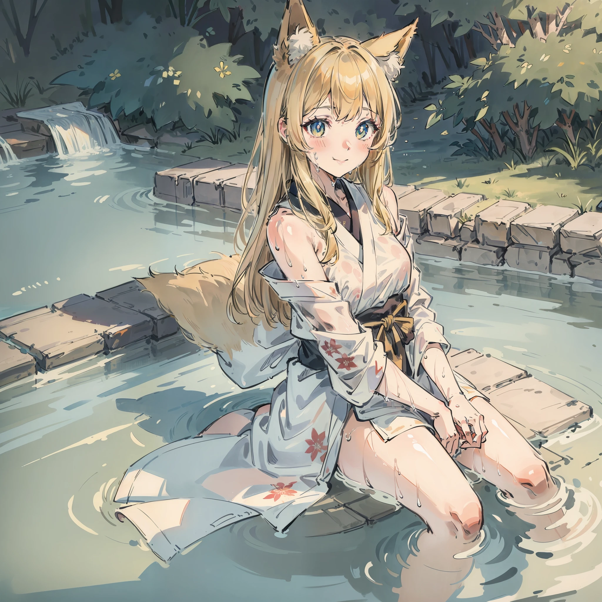 tmasterpiece， high light， Top quality， 1girls solo， kamisato_ayaka，Blonde hair，Amber Eyes，Fluffy fox ears sitting， from the above， looking at viewert， Light smile， wading， Wet hair， natta， pool-side， Japan hot spring