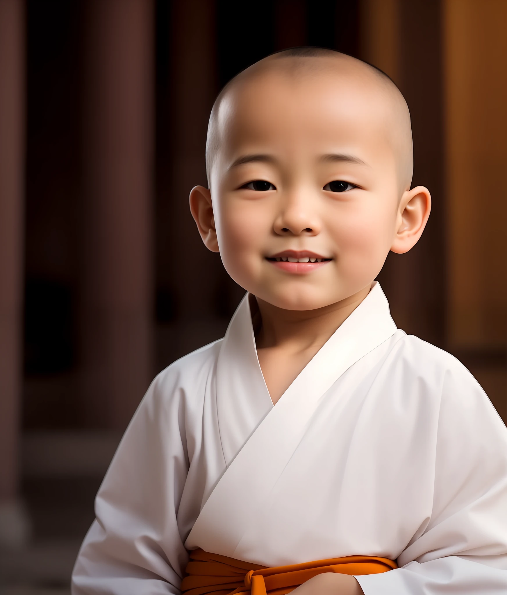 3  cute little monk meditating at the temple，ssmile，had his hands folded