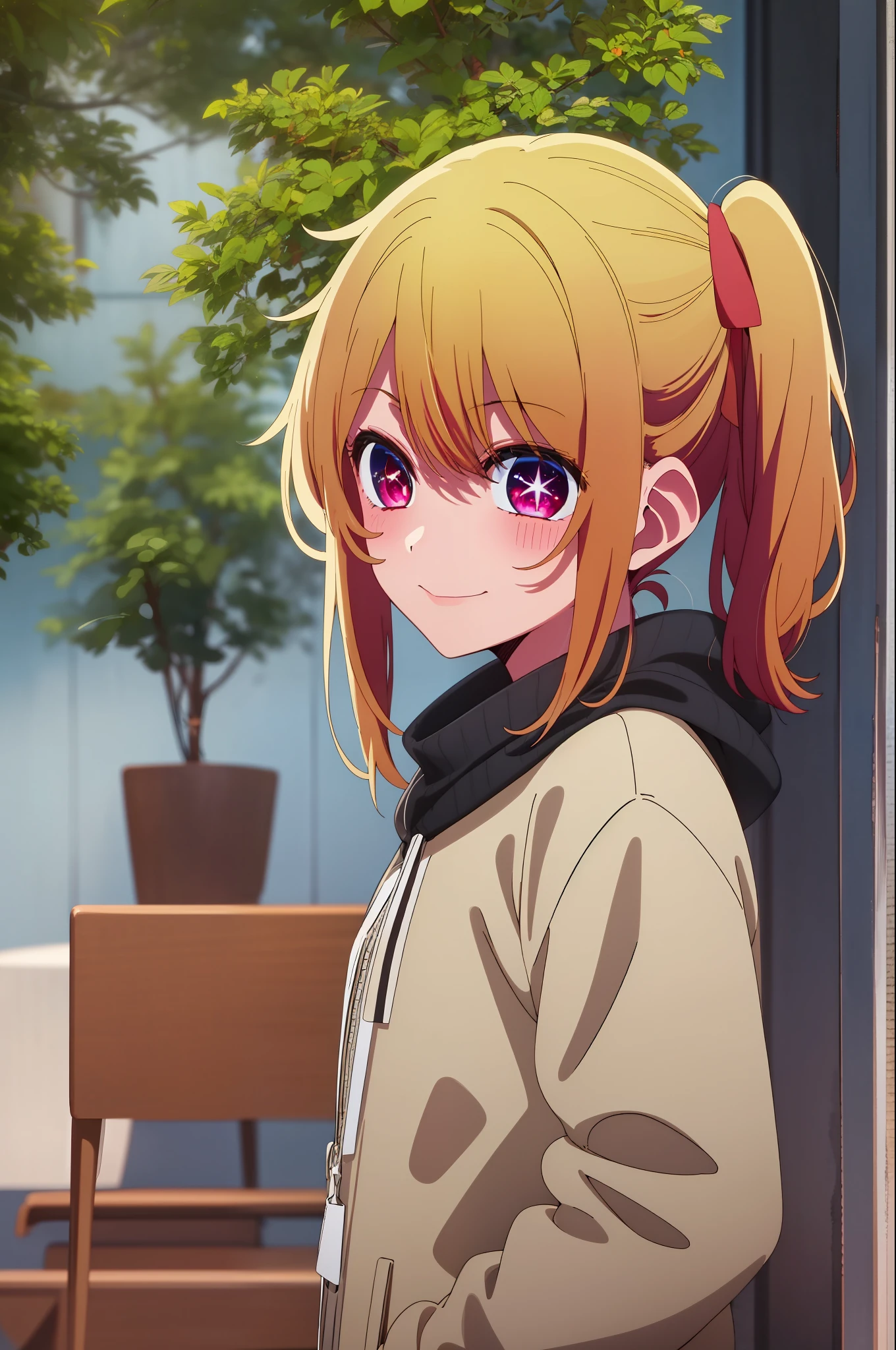 1girl in, 独奏, Hoshino Ruby, symbol-shaped pupils, Left star-shaped pupil, sparkly eyes, (Left star), red eyes, blonde hair, side poneyTail, A smile, Hi-Res, top-quality, masterpiece、Plain clothe、animesque