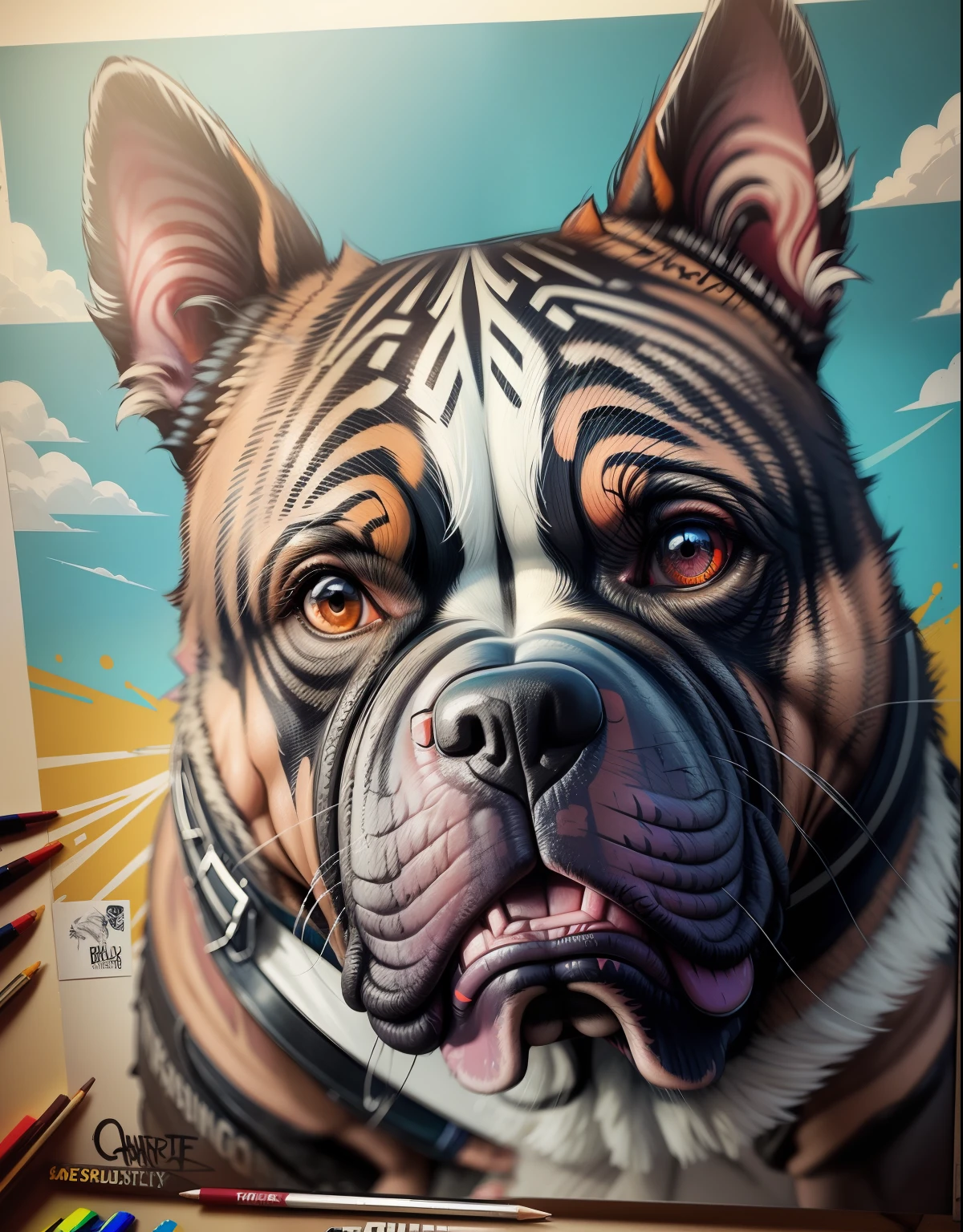 by Graffiti By Thierry Guetta,Coloring, (((american bully Dog))), slosh,merle, Disembodied Head, black ink flow, photorealistic, american bully,intricately detailed, gouache, muscular, calligraphy, acrylic, (buttercream: 1.5) , 8k concept art, Technicolor, bully, complex, elegant, expansive, fantastic, (paintmagic-style), graffiti By Thierry Guetta, Technicolor