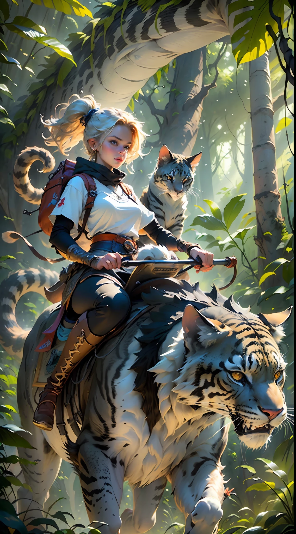 (Best quality:1.33), (Masterpiece:1.42), (realisticlying:1.24), (Detailed:1.15), 1girll, Riding a wild prehistoric cat，Dense jungle, mystical ambiance, Feel the power of nature, Exploration and adventurous spirit