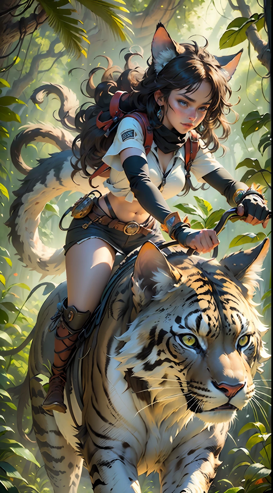(Best quality:1.33), (Masterpiece:1.42), (realisticlying:1.24), (Detailed:1.15), 1girll, Riding a wild prehistoric cat，Dense jungle, mystical ambiance, Feel the power of nature, Exploration and adventurous spirit