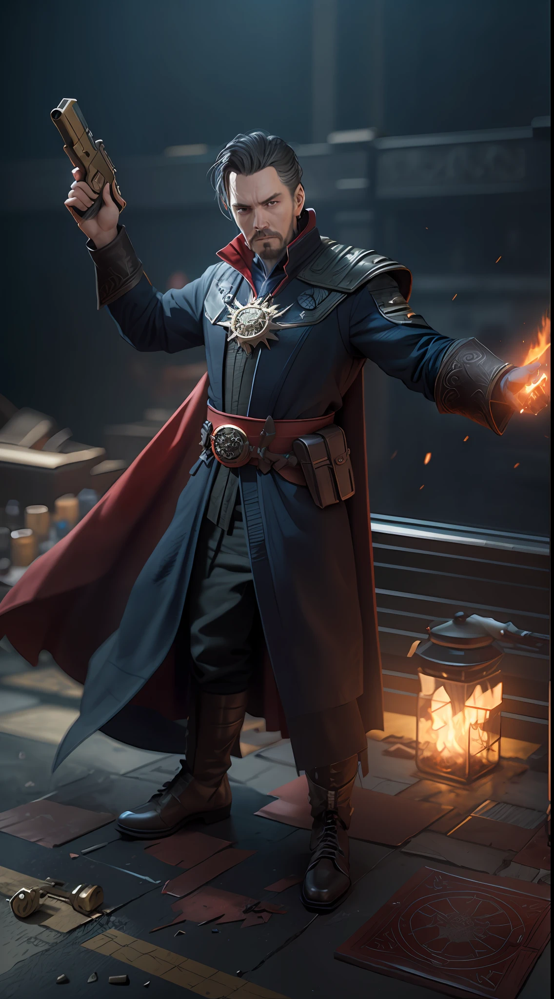 doctor strange use gun, octane render, unreal engine, highly detailed, intricate