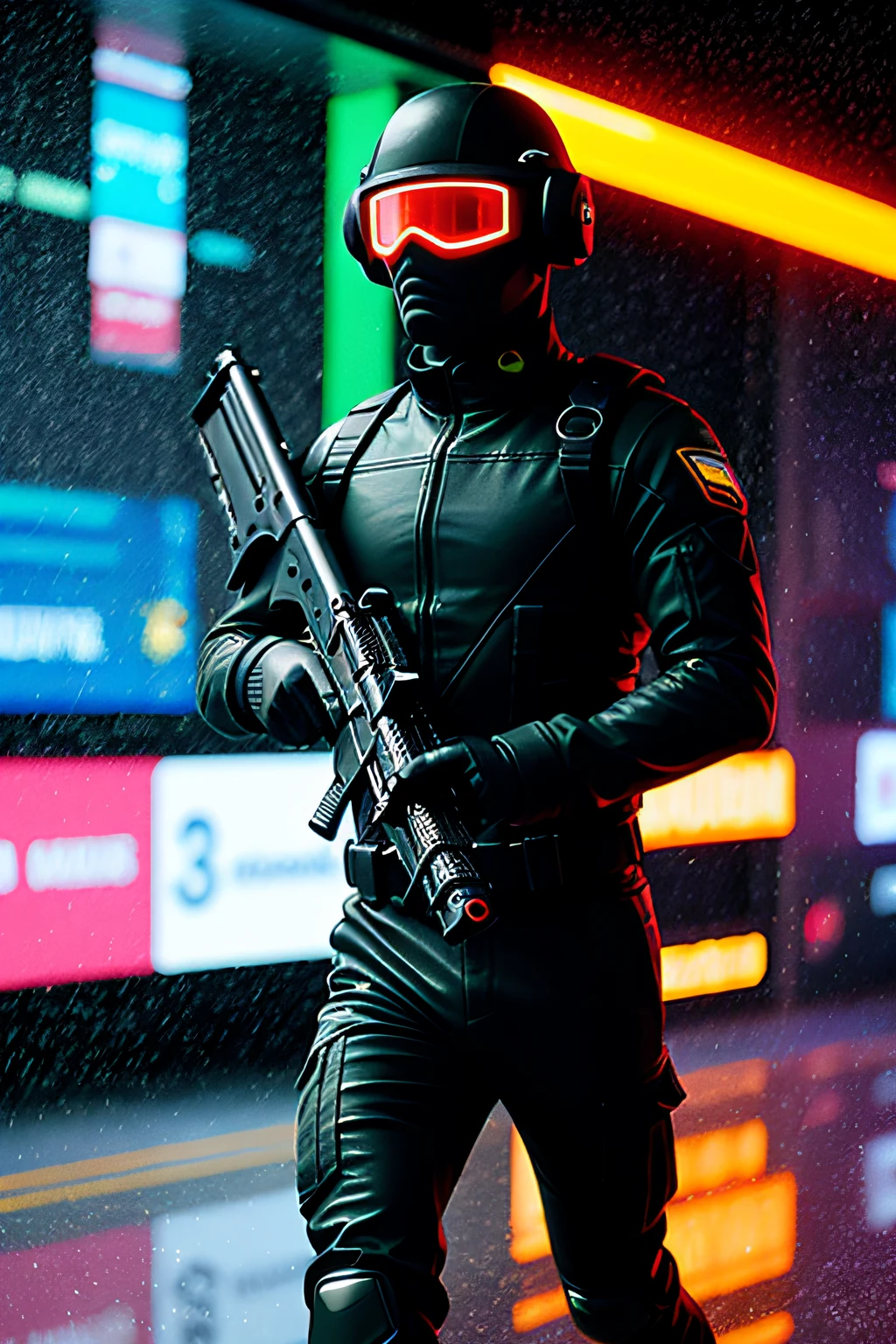 a futuristic soldier with a rifle running in a neon cityscape, pounding rain, cinematic