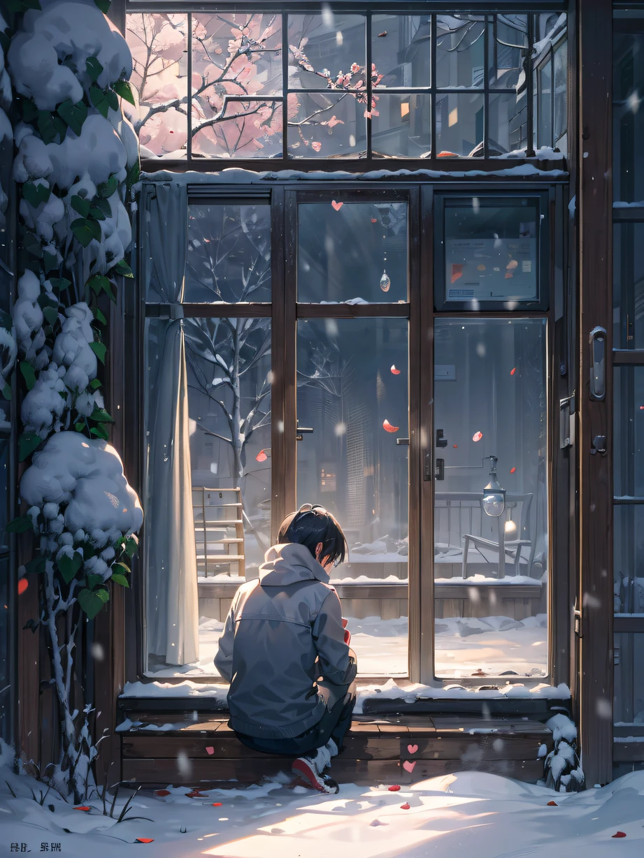 ，masterpiece, best quality，8k, ultra highres，On a cold winter evening，The lonely protagonist sits alone in front of the window。The snow outside the window fell like a flower，Falling on the window glass leaves a beautiful and cold pattern。He lowered his head，Tears slipped down his eyes，Reflecting his painful mood。Asbestos door in the corner，Shrouded in the shadow of snow，It is a metaphor for the haze and sadness in his heart。