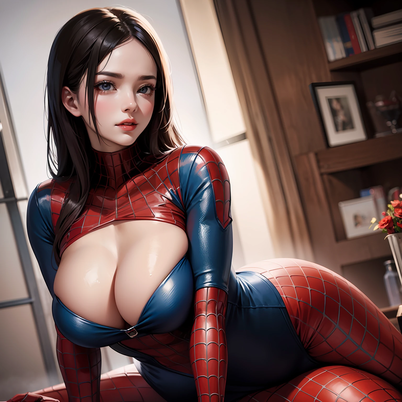 female spiderman character，Sexy and charming，full of strength，Plump body，Dress revealingly。