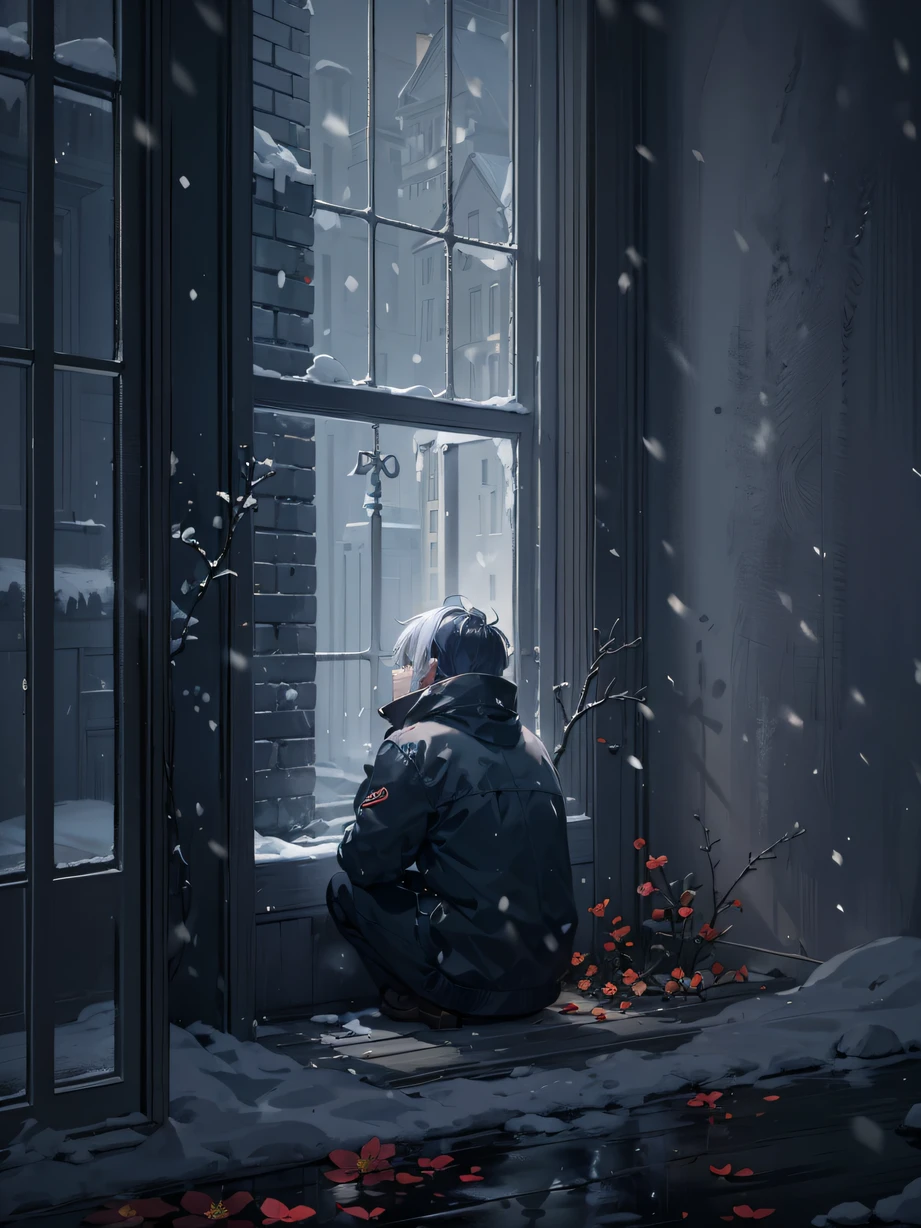 ,masterpiece, best quality,8k, ultra highres,On a cold winter evening,The lonely protagonist sits alone in front of the window。The snow outside the window fell like a flower,Falling on the window glass leaves a beautiful and cold pattern。He lowered his head,Tears slipped down his eyes,Reflecting his painful mood。Asbestos door in the corner,Shrouded in the shadow of snow,It is a metaphor for the haze and sadness in his heart。