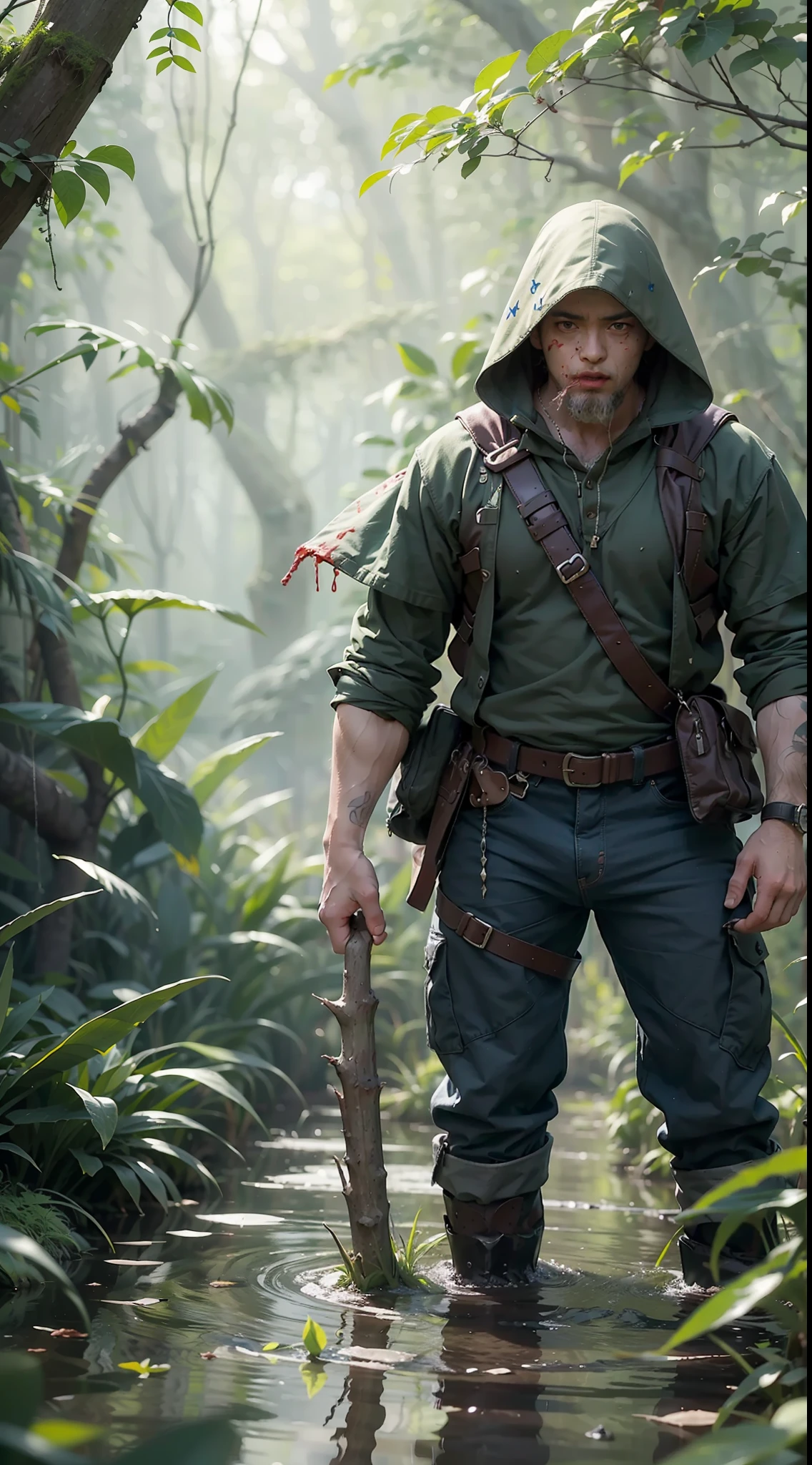 Dense jungle,Rough and damp trees,Huge thick vine,weeds,water puddles,marshes,((5-year-old child adventurer standing in front of a huge man-eating flower)),Piranha,adventurer clothing,brutal,bloodthirsty,attacking,bloods,heavy bleeding,super-fine,Works of masters,high qulity,8K分辨率,depth of fields,电影灯光,Epic shooting