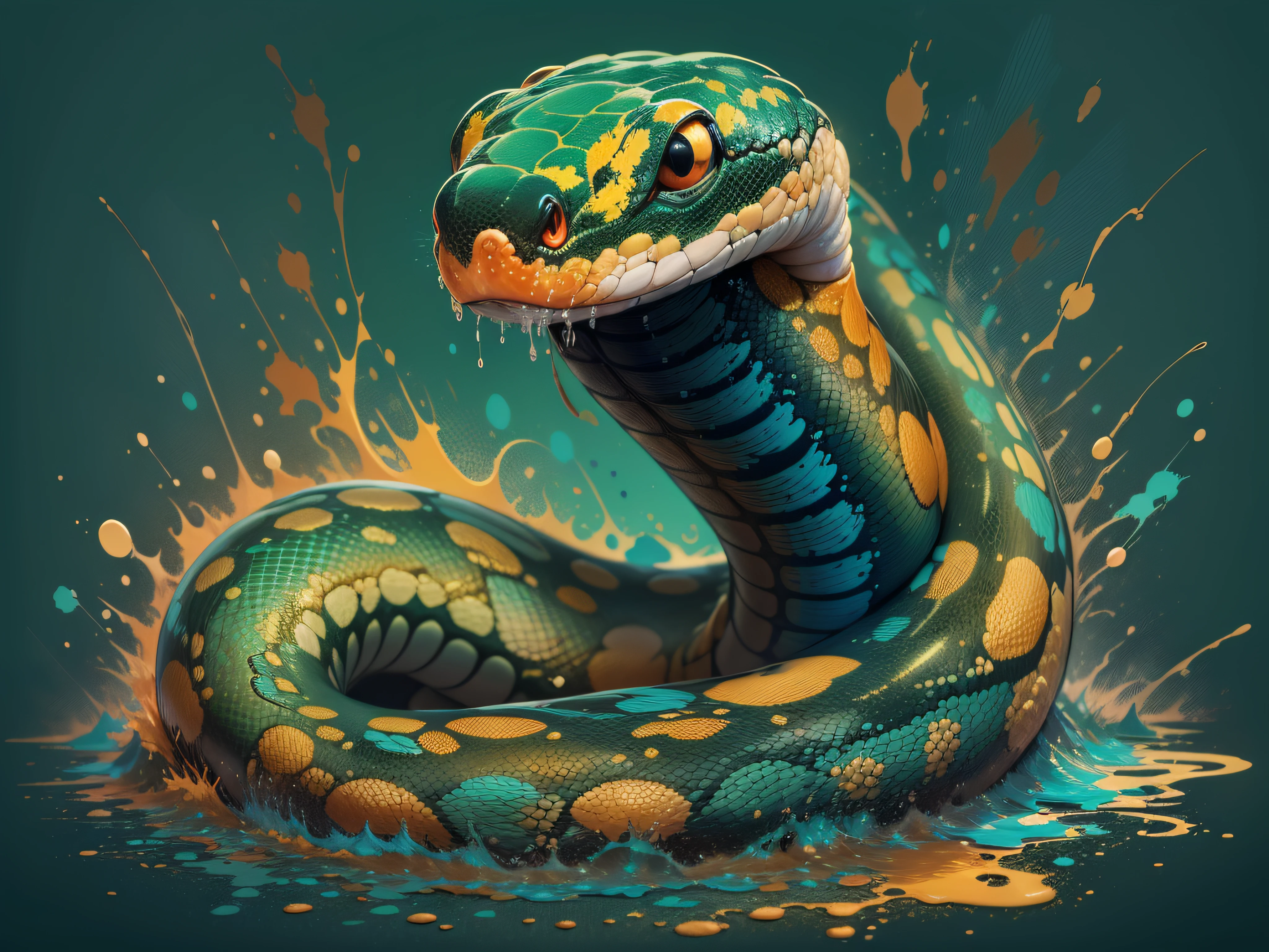 a cute anaconda, Eunectes murinus, liquid, made of colors, colorful paint splatter style, hyperdetailed intricately detailed, fantastic, intricate detail, splatter screen, complementary colors, fantasy, concept art, 8k resolution, DeviantArt masterpiece, Cartoon, Caricature