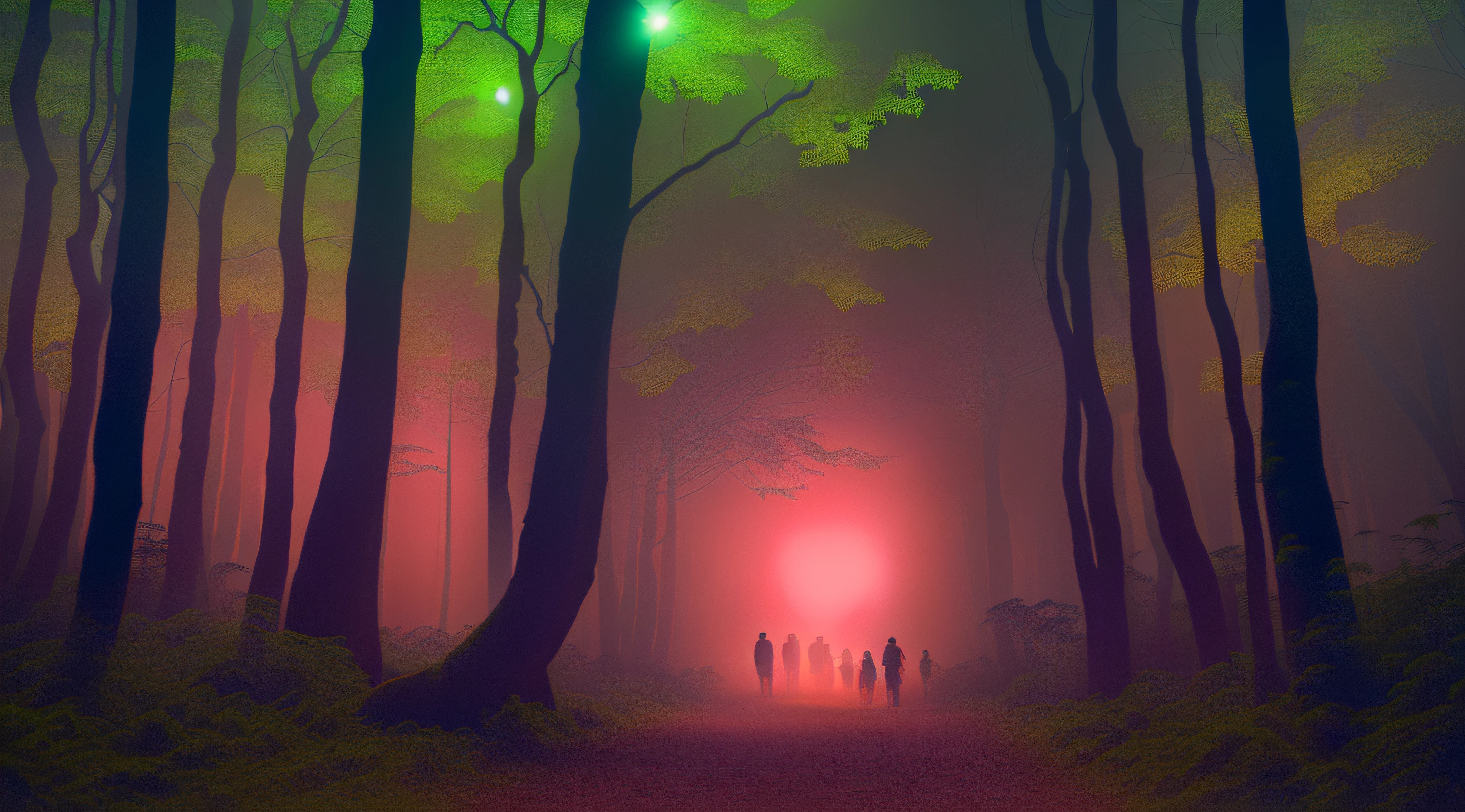 There are 5 men walking along a path in the middle of a forest with a big bright moon, selva estranha, Selva enevoada,noite , Selva bonita, floresta de terror, cinematic forest lighting, fundo de terror, Neon lighting and fog, neon neon neon lighting nebuly, mystic forest, Forest in the light of the moon, floresta dark ao redor, selva profunda de outro mundo, Selva de terror