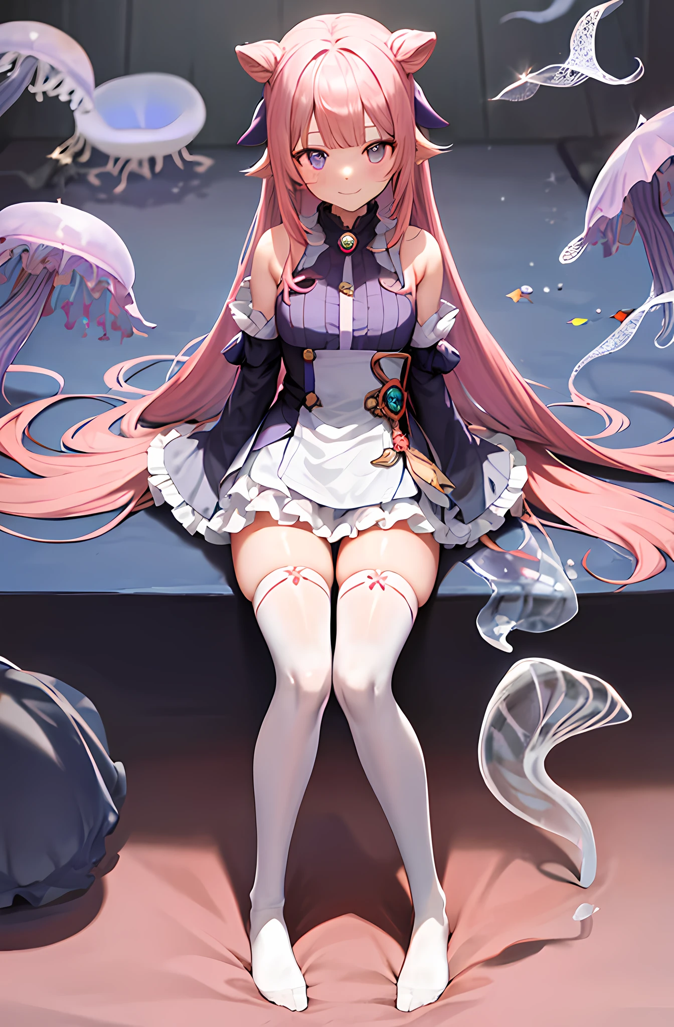 (Realistic painting style:0.9), masterpiece, best quality, absurdres, looking at viewer, solo, sangonomiya kokomi (sparkling coralbone), no pupils, sangonomiya kokomi, 1girl, solo, pink hair, bow-shaped hair, long hair, sitting, looking at viewer, gloves, bare shoulders, water, bangs, multicolored hair, no shoes, white gloves, smile, purple eyes, wide sleeves, bow, blue hair, socks, gradient hair, full body, frilled sleeves, fish, white background, thighs, legs, jellyfish, blunt bangs, frills, blush, closed mouth, blue eyes, long sleeves, detached sleeves, knees up, very long hair, feet, wet, vision (genshin impact), hair ornament, water drop, colored tips, white thighhighs , shorts