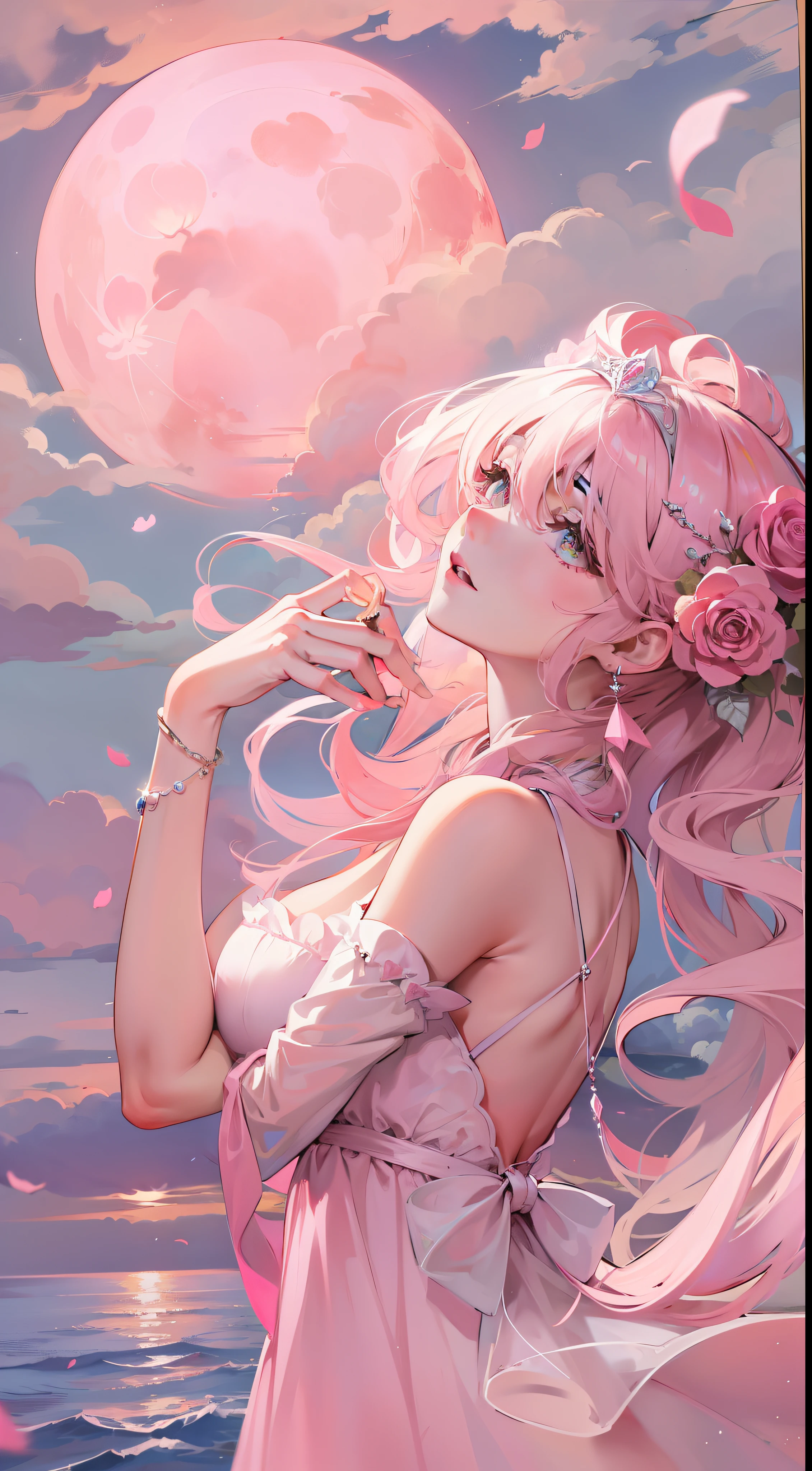 Pink Moon、pink sky、Soft pink clouds、Pink ocean waves sparkle、glinting、Pink roses in a pink sea、Fantasia、Diamonds、diadems、kosmos、Soft light、Girl looking up、