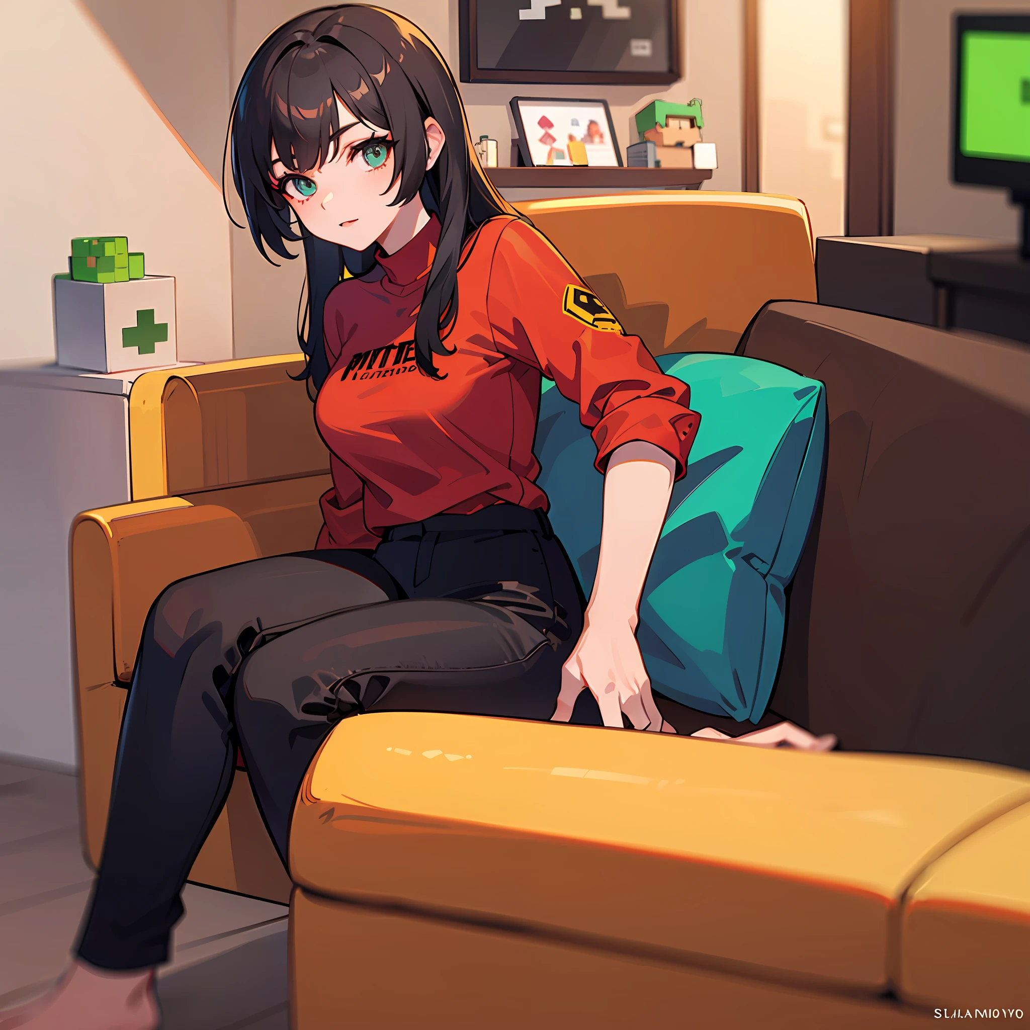 1080P,estilo cartoon ,personagem feminina(Loire,altura normal),Wearing a red shirt with the Minecraft logo and black pants,segurando um controle de Xbox,sitting not sofa ,olhando pro viewer,Selfie --auto