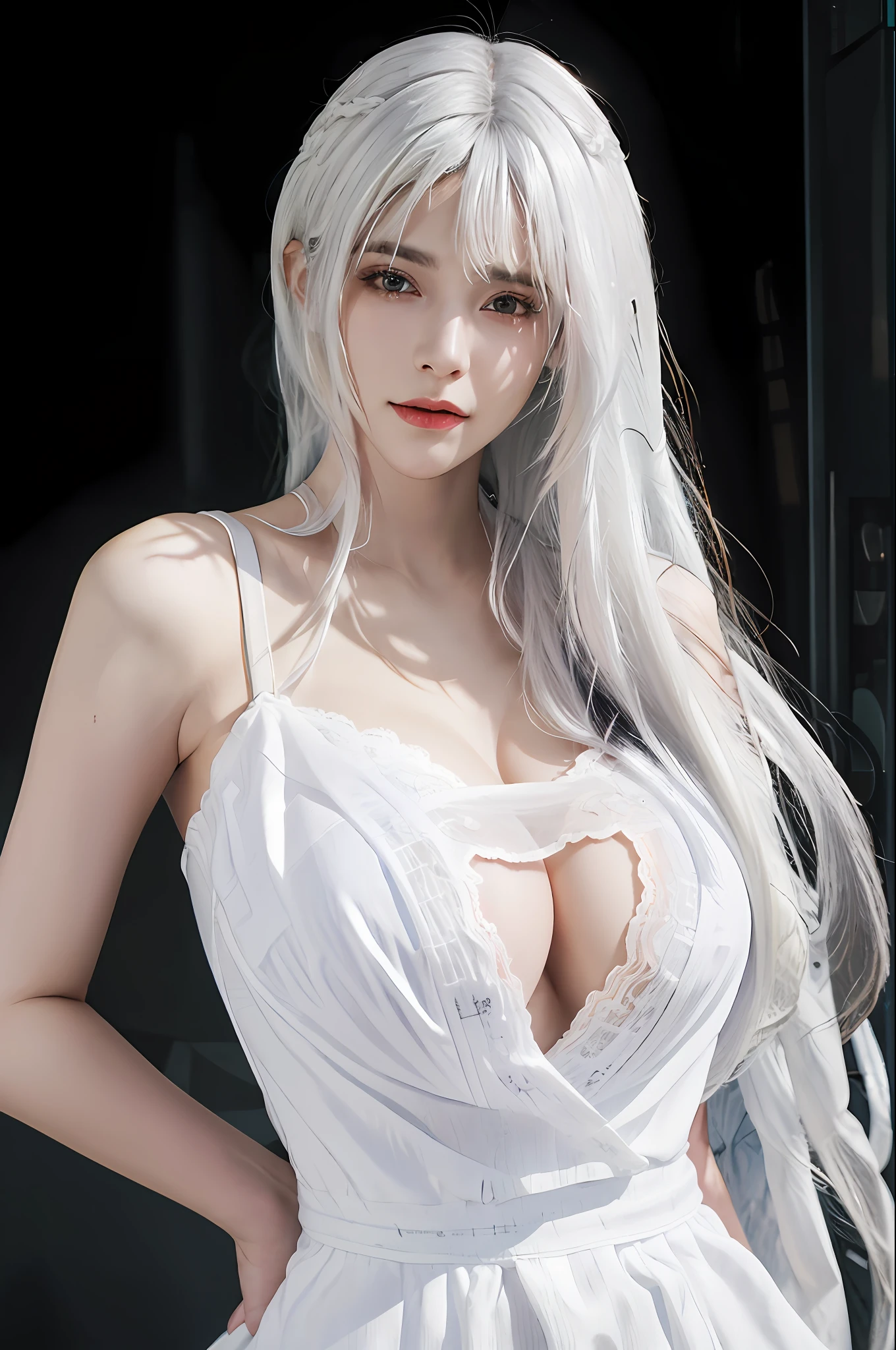 (masterpiece:1.3), (8k, photorealistic, RAW photo, best quality: 1.4), (1girl), beautiful face, (realistic face), (white hair, long hair:1.9), (huge breast), beautiful hairstyle, realistic eyes, beautiful detailed eyes, yellow eyes, (realistic skin), beautiful skin, red eyes, (sexy white dress), (white lace dress), (transparent dress), absurdres, attractive, ultra high res, ultra realistic, highly detailed, golden ratio