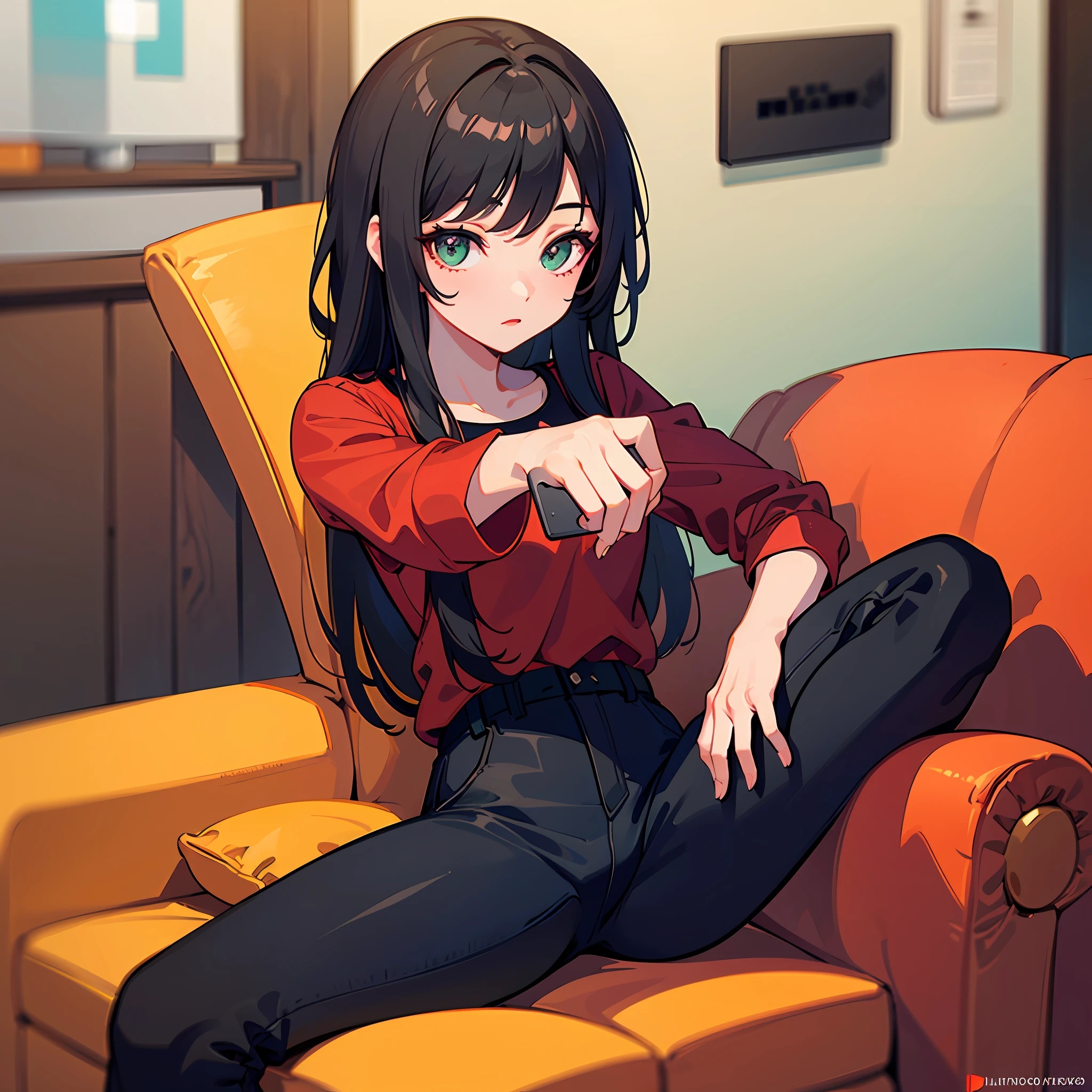 1080P,estilo cartoon ,personagem feminina(Loire,altura normal),Wearing a red shirt with the Minecraft logo and black pants,segurando um controle de Xbox,sitting not sofa ,olhando pro viewer,Selfie --auto