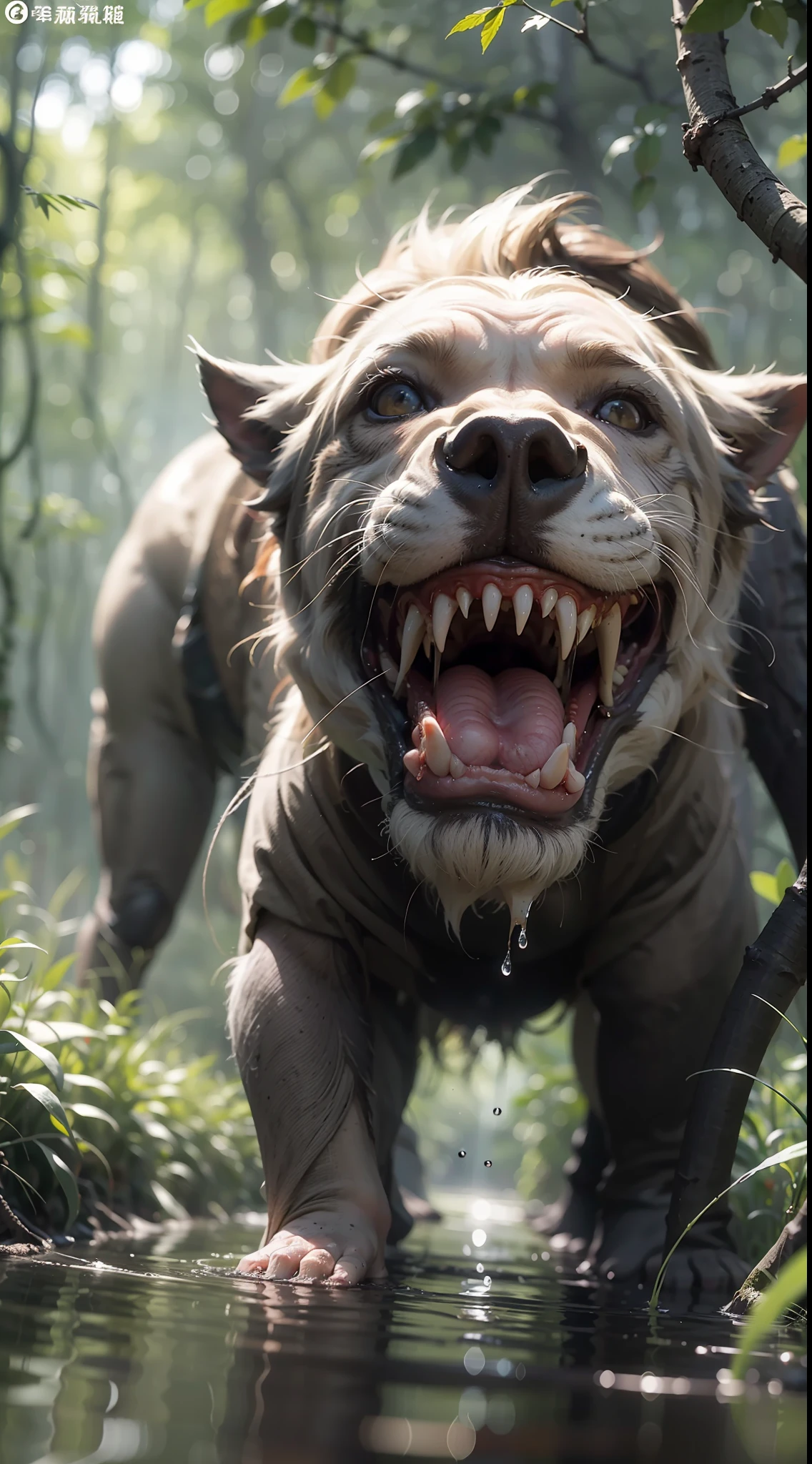 Dense jungle,Rough and damp trees,Huge thick vine,weeds,water puddles,marshes,((5-year-old child adventurer standing in front of a huge man-eating flower)),Piranha,adventurer clothing,brutal,bloodthirsty,attacking,bloods,heavy bleeding,super-fine,Works of masters,high qulity,8K分辨率,depth of fields,电影灯光,Epic shooting