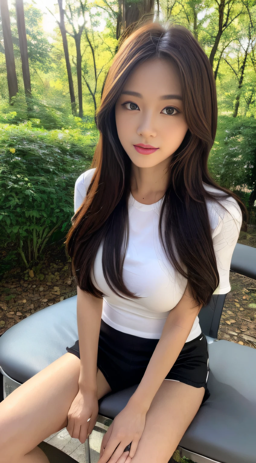 (In the daytime, Need, 8K, tmasterpiece:1.3)), full bodyesbian, Long legs, Focalors:1.2, perfect figure beautiful woman:1.4, Slim abs:1.1, ((Dark brown hair, large tities:1.2 )), (Harnes,The shirt,standing on your feet:1.2,), ((Urban Forest Park,seat :1.3)), Highly detailed facial and skin texture, A detailed eye, 二重まぶた,Flying long hair,