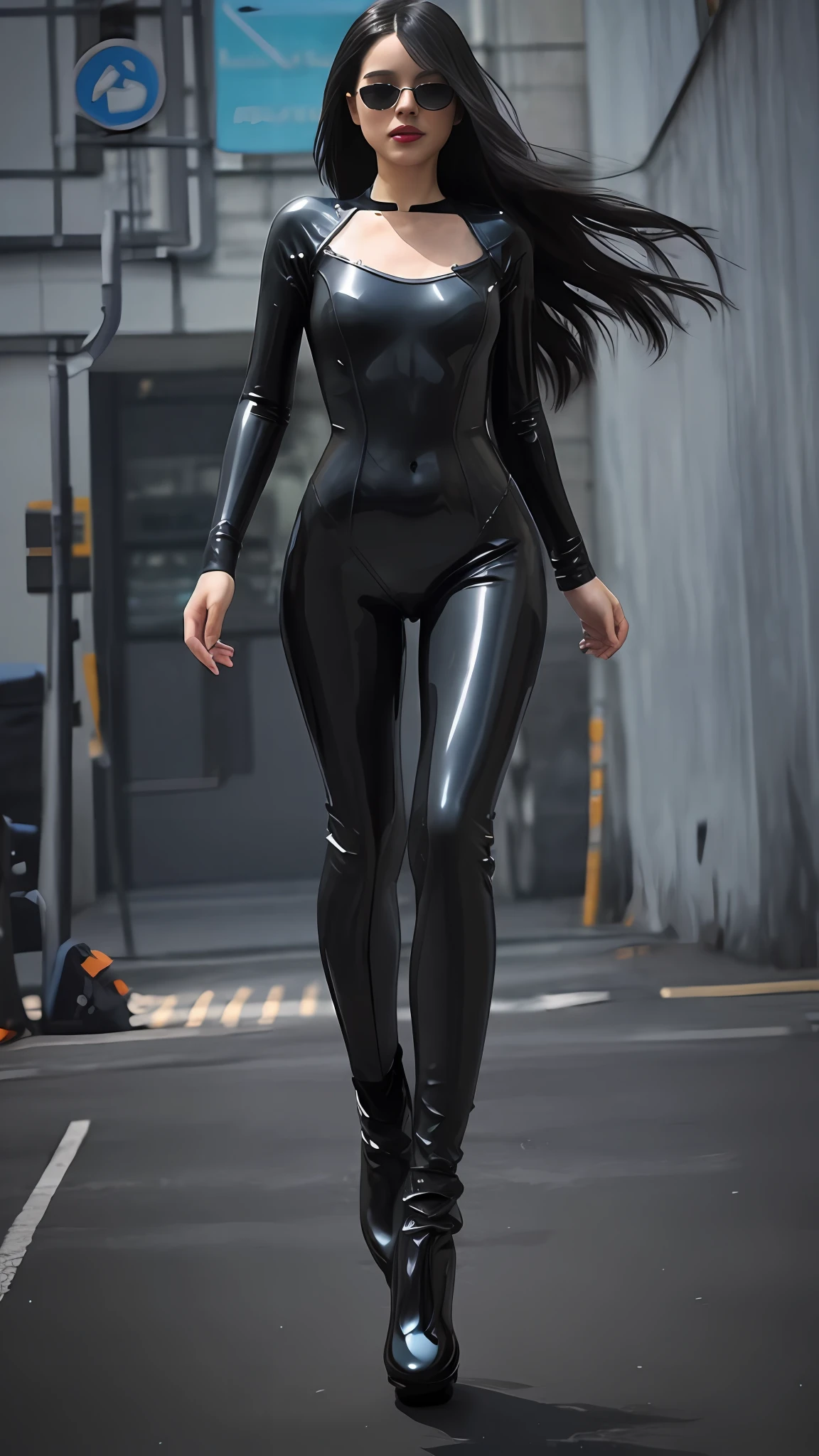 A woman in a black wetsuit walks down the street, wearing black tight clothing, tight full body suit, skintight black clothes, tight costume, wearing tight suit, skintight black bodysuit, wearing a black bodysuit, wearing a black catsuit, wearing black latex clothing, leather body suit, tight attire, tightsuit, photograph of a techwear woman