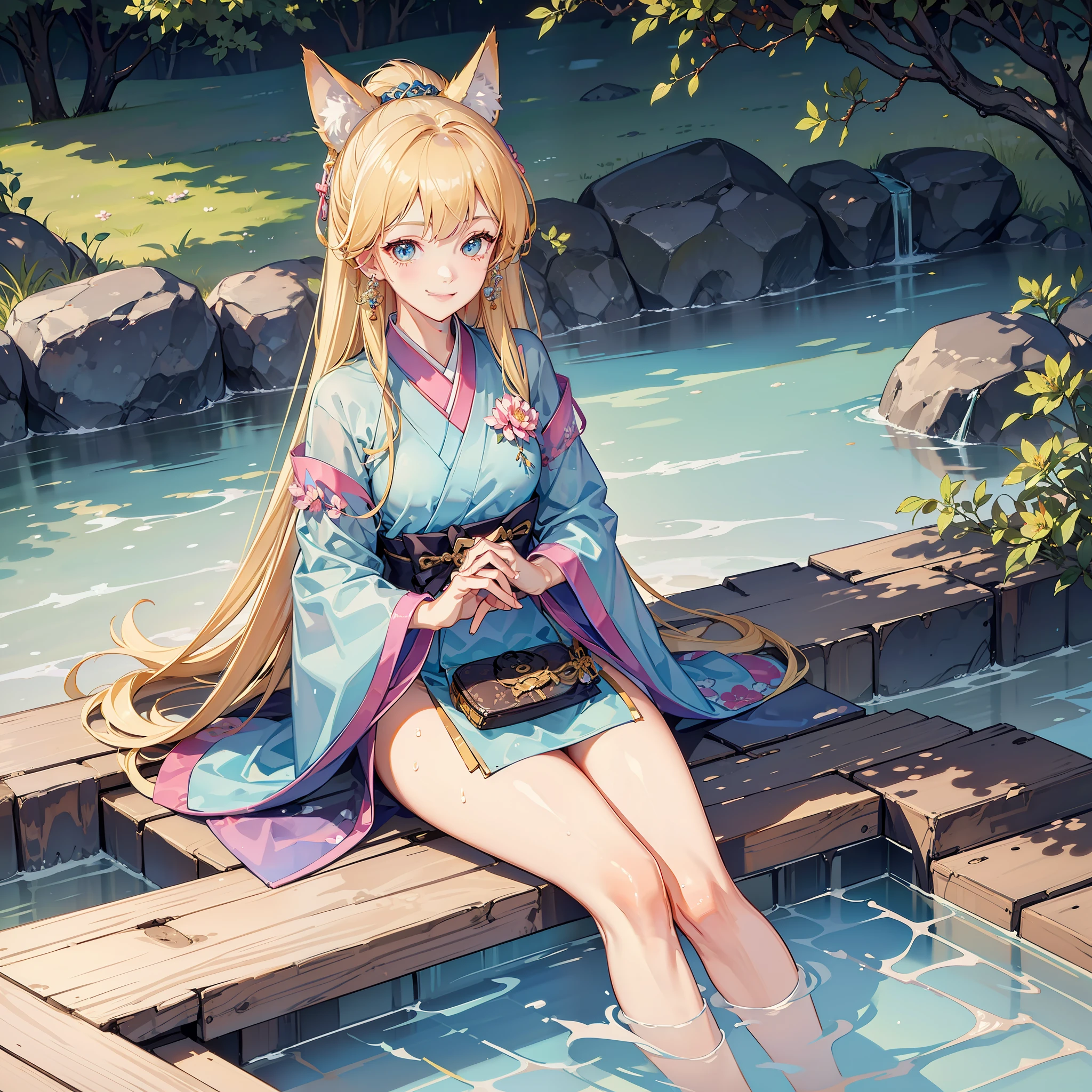 tmasterpiece, high light, Top quality, 1girls solo, kamisato_ayaka,Blonde hair,Amber Eyes,Fluffy fox ears sitting, from the above, looking at viewert, Light smile, wading, Wet hair, natta, pool-side, Japan hot spring