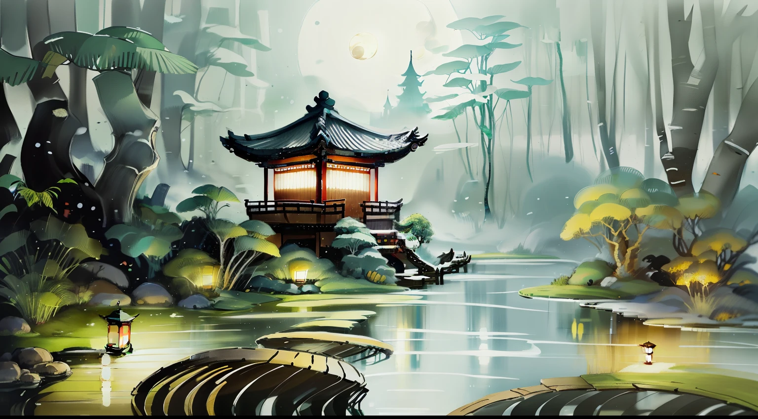 masterpiece,best quality,Chinese martial arts style,an asian night scene with lanterns and water lilies,asian pond with many lanterns and boatsa night scene with many lights and boats in the water, Lake surface, lotus flowers,beautiful night scene,(((Chinese martial arts style))), with vast sky, continuous mountains and steep cliffs, ink wash style, outline light, atmospheric atmosphere, depth of field, mist rising, bamboo, pine trees, octagonal stone pavilion, waterfall flowing water,big full moon,(No color) , Monochrome, light color,