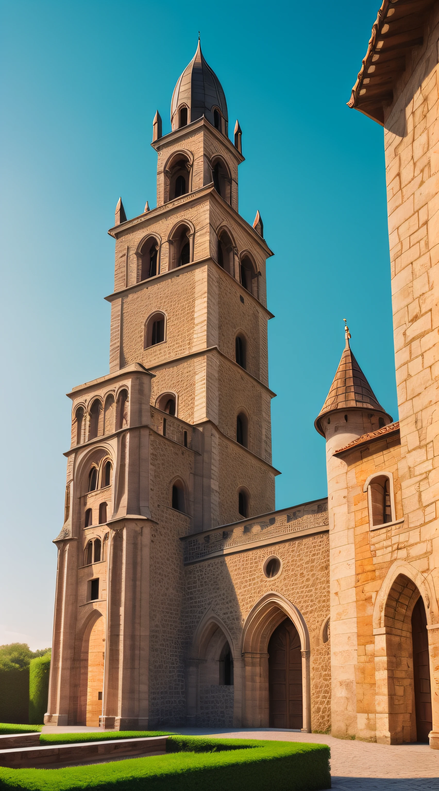 Cinematic, photo, a medium shot of a beautiful romanesque gothic tower in a medieval city designed by Leonardo da Vinci, elegant elaborate complex architecture, medieval architecture, medieval design, photographed with Canon EOS 5D Mark IV, landscape, monument, sense of wonder, extremely detailed, realistic textures, artistic, fantasy