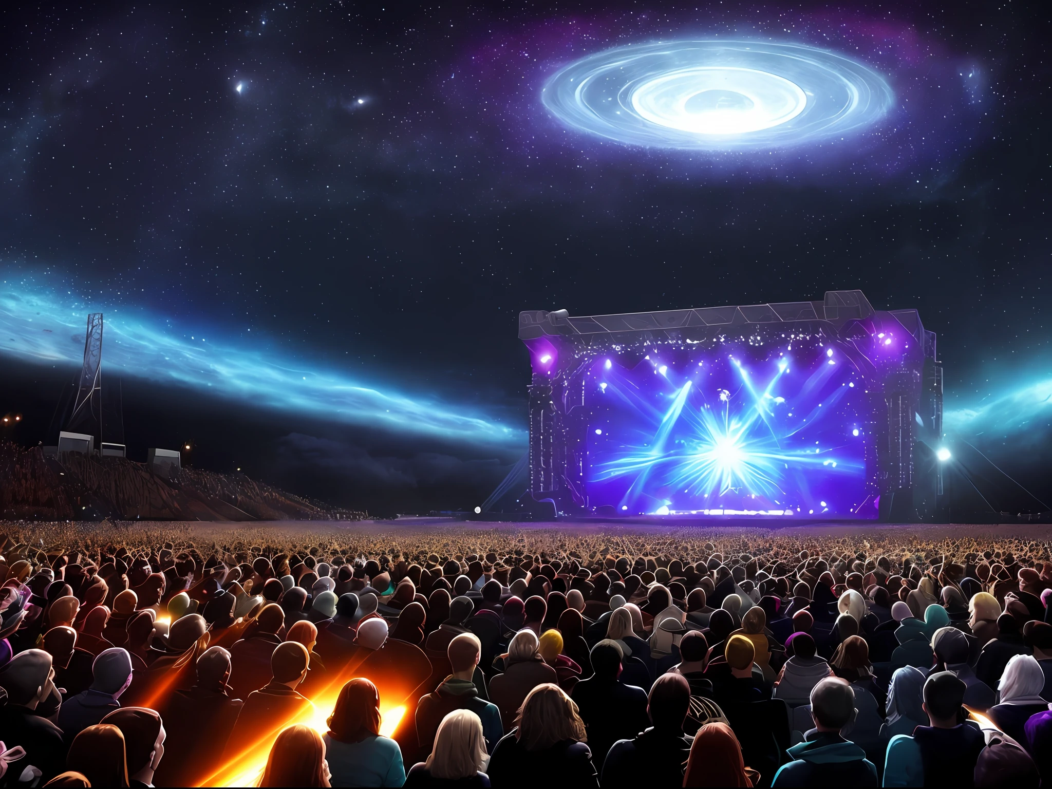 Paint a picture of Faithless captivating an interstellar audience on a lunar stage, with the Earth's awe-inspiring presence reminding everyone of their earthly origins.
Imagine an interstellar gathering on the moon, drawn together by the magnetic pull of Faithless' music. The lunar stage is a masterpiece of design, radiating with pulsating lights and holographic effects that create an immersive visual experience. Faithless takes the stage with an energy that reverberates through the galaxy, their music bridging the cosmic divide. The audience, composed of diverse extraterrestrial beings, is spellbound by the band's performance. Above them, Earth gleams like a distant jewel, a poignant reminder of the universal thread that connects all life forms. The image captures the interstellar unity, Faithless' captivating presence, and the humbling realization of our shared origins on Earth.