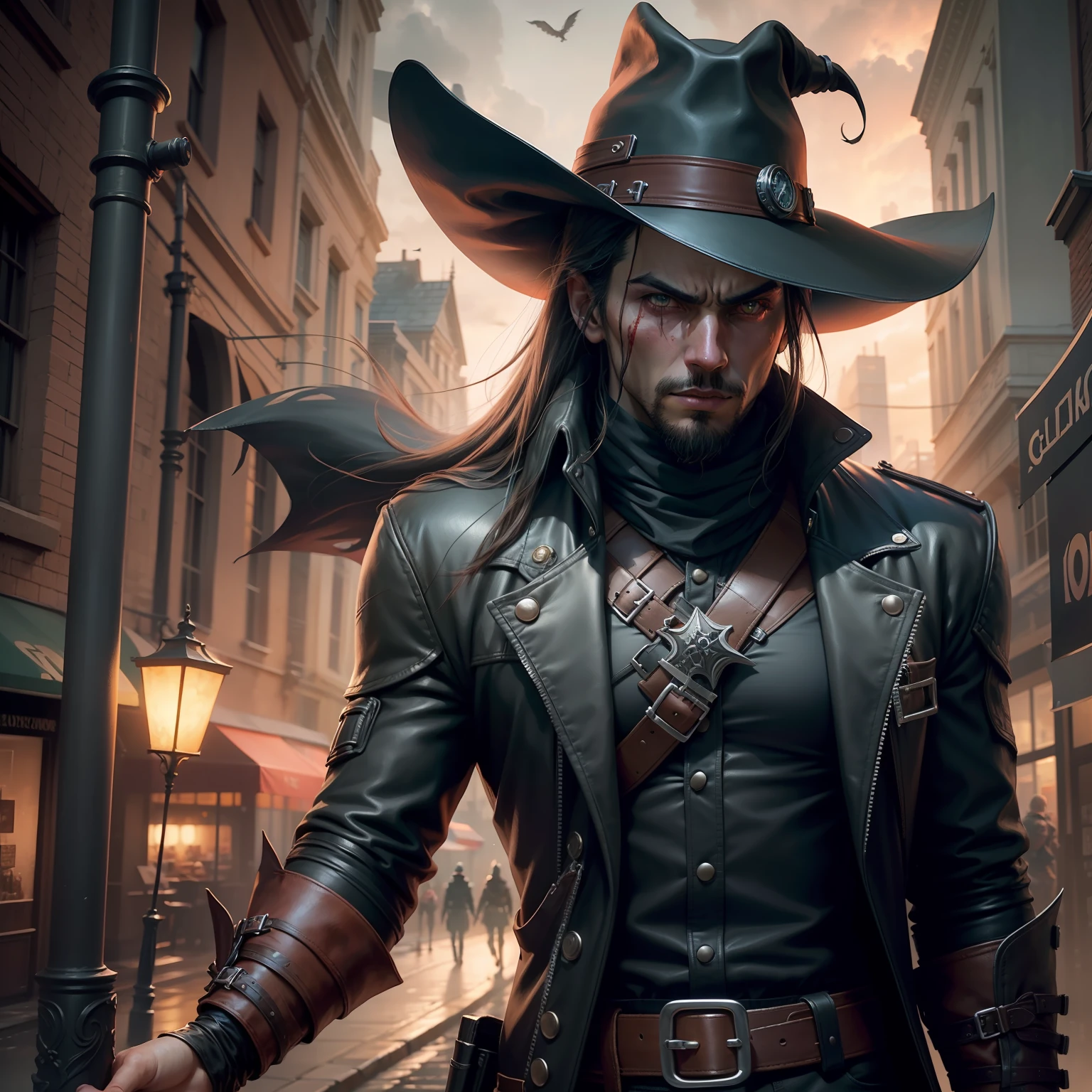 Man in black hat and leather jacket holding a flag, portrait of a bloodborne hunter, badass anime 8 k, Alucard, Tiroteio, arte de fantasia urbana estilizada, assassino cyberpunk, Retrato de um vigilante, fantasia urbana centralizada, como personagem em tekken, Dante do Diabo Pode Chorar, Guilherme H. Pongiluppi