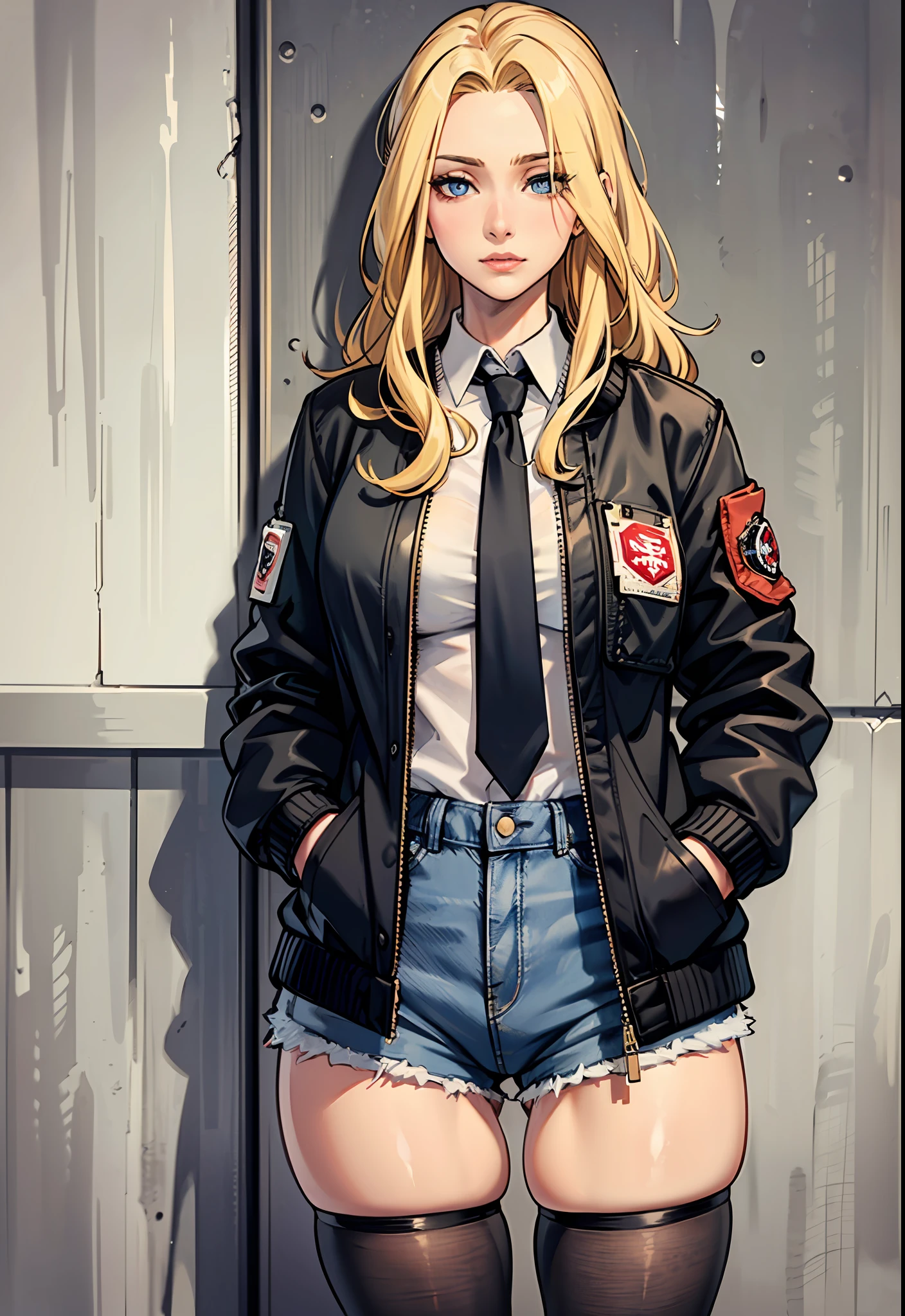 (Mature woman), (独奏), (hands in pocket), (blonde hair), (forehead), (Long hair), (blue eyes), (white  shirt), (black necktie), (Oversized bomber), (Red Bomber), (black denim shorts), (black tights)