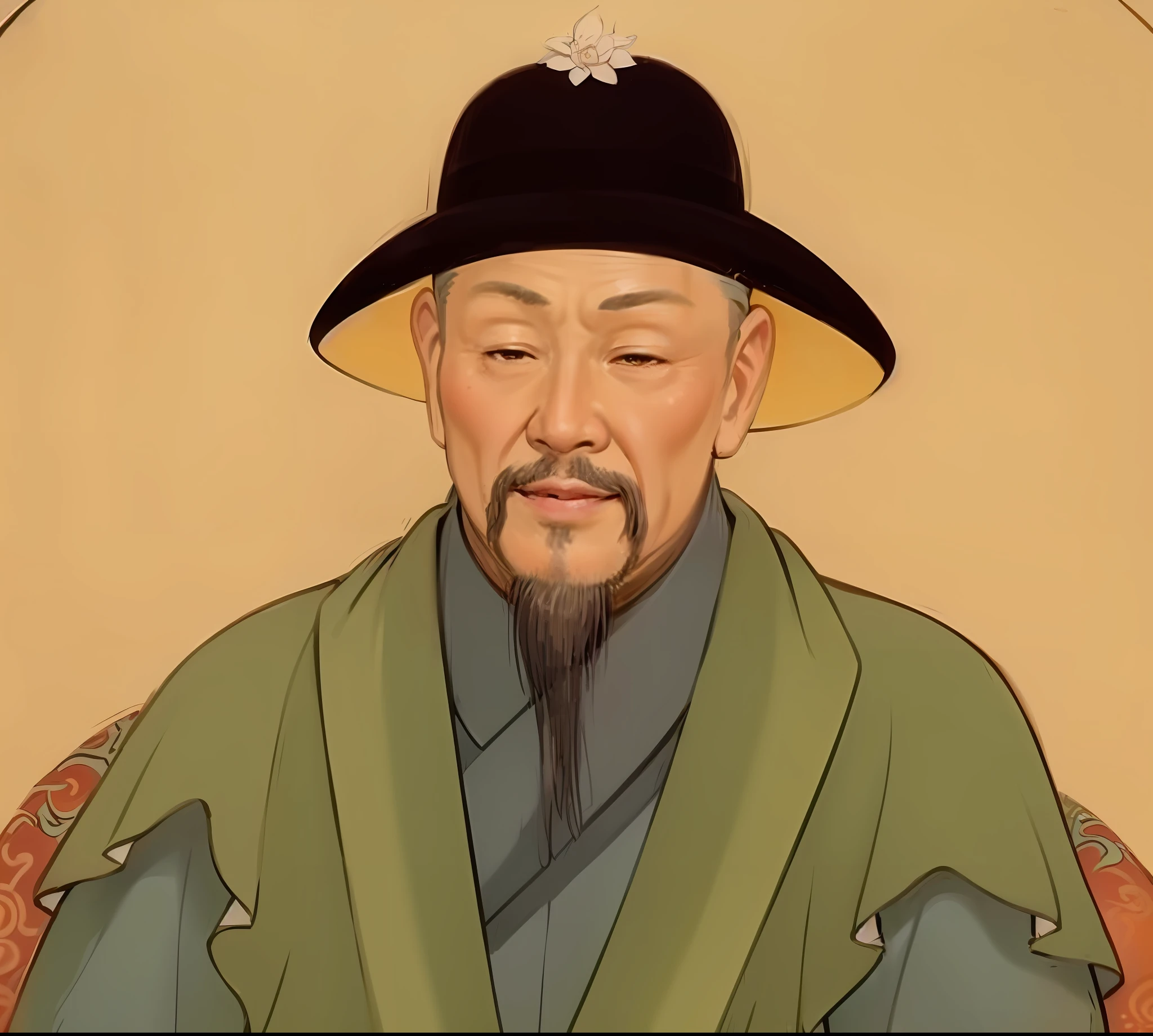 Close-up of a painting of a man in a hat, by Xuande Emperor, zhang daqian, Song Dynasty, song nan li, inspired by Xuande Emperor, painting of a man, style of guo hua, inspired by Zhang Shunzi, guangjian huang, feng shu, mongol, Ming dynasty, xiaoguang sun