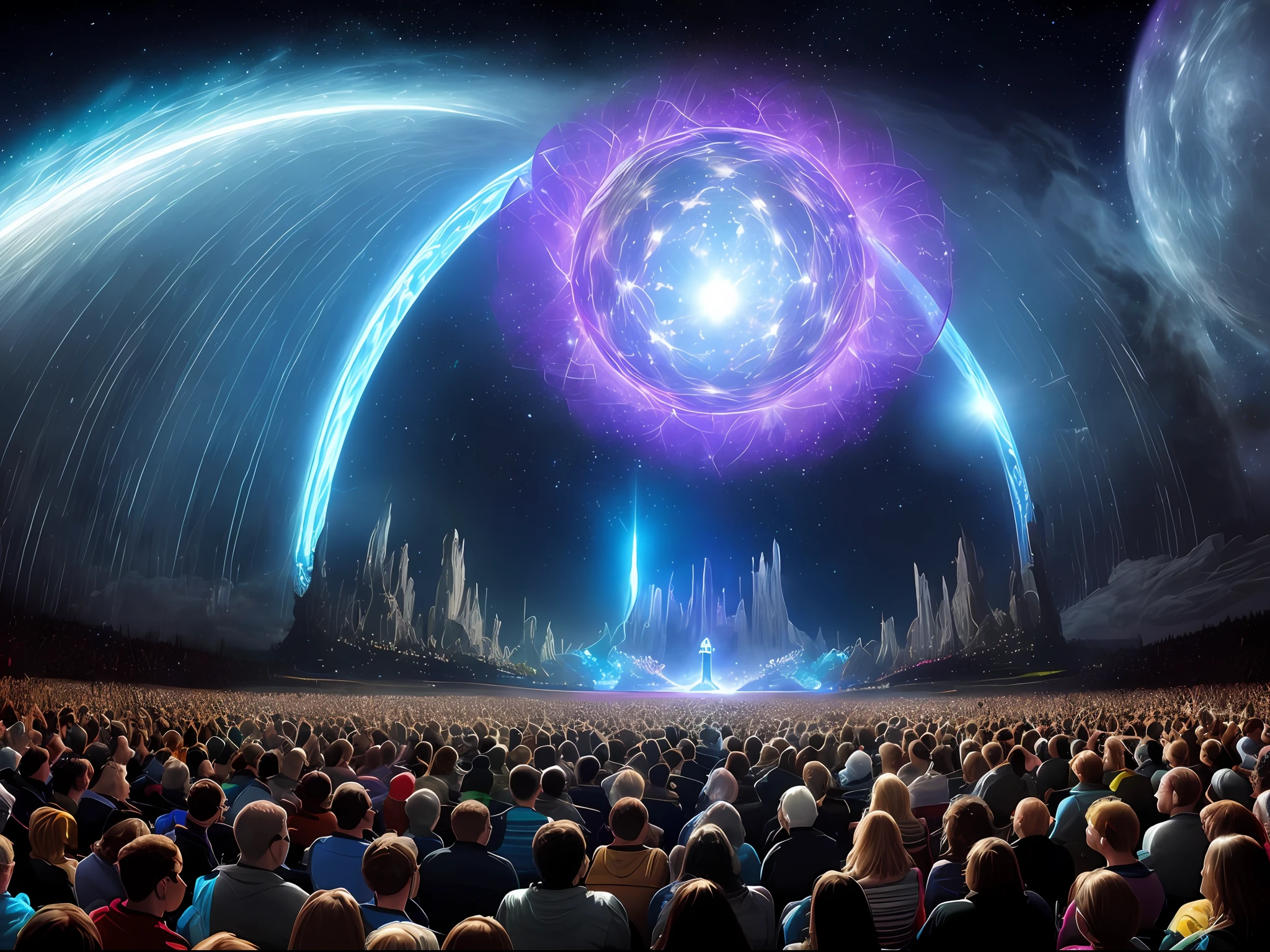 Paint a picture of Faithless captivating an interstellar audience on a lunar stage, with the Earth's awe-inspiring presence reminding everyone of their earthly origins.
Imagine an interstellar gathering on the moon, drawn together by the magnetic pull of Faithless' music. The lunar stage is a masterpiece of design, radiating with pulsating lights and holographic effects that create an immersive visual experience. Faithless takes the stage with an energy that reverberates through the galaxy, their music bridging the cosmic divide. The audience, composed of diverse extraterrestrial beings, is spellbound by the band's performance. Above them, Earth gleams like a distant jewel, a poignant reminder of the universal thread that connects all life forms. The image captures the interstellar unity, Faithless' captivating presence, and the humbling realization of our shared origins on Earth.