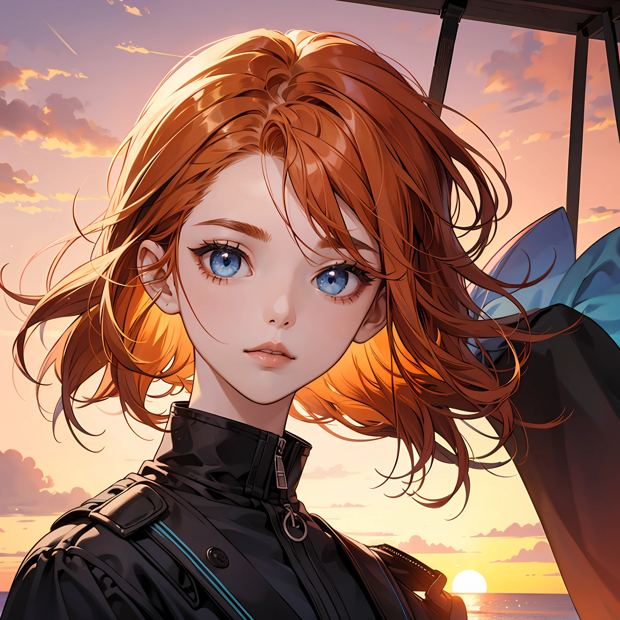 girl with、Bob Hair、Orange hair color、Mesh Hair、Hanging eyes、Troubled eyebrows、Blue eyes、Sunset background、 --auto