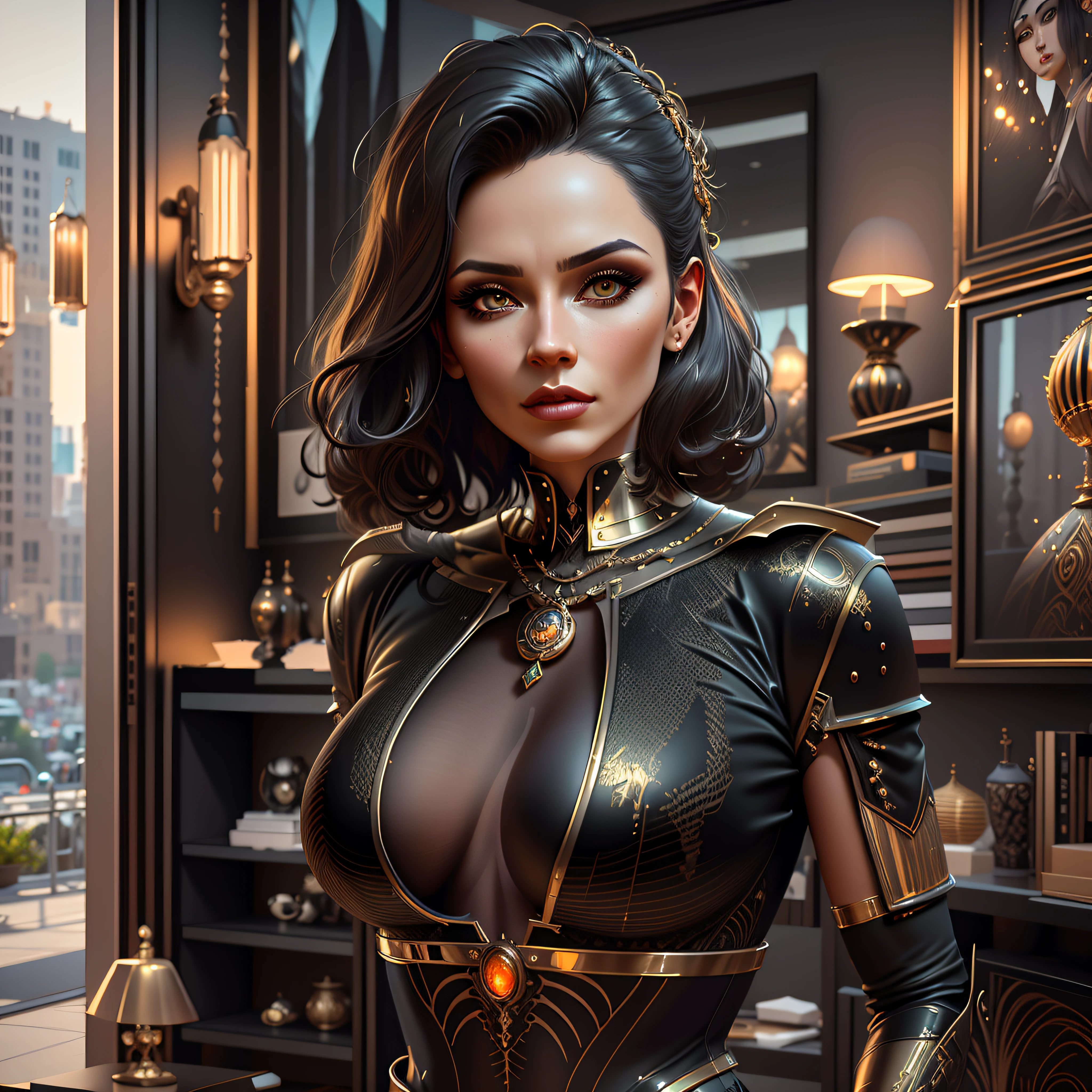 Mulher com uma roupa preta e dourada posando para uma foto, Wojtek FUS, Artgerm Julie Bell Beeple, epic exquisite character art, arte de personagem impressionante, 3 d render arte do caractere 8 k, epic and elegant portrait, cinematic bust portrait, cinematic bust shot, CGSetivity 8K, CGSetivity 8K, CGSetalidade 8K