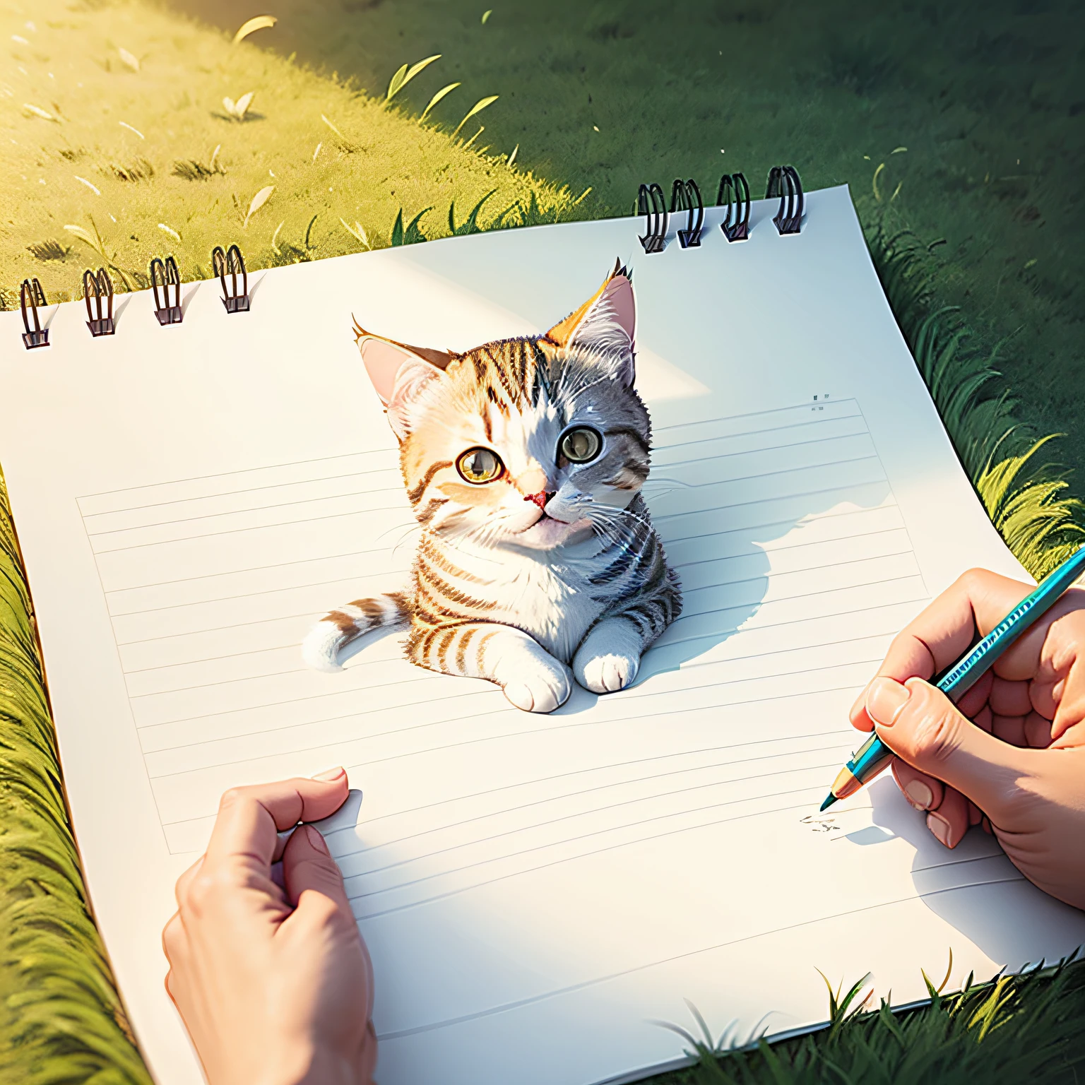 page of an adorable cat coloring page, line art, outline, simplified, on grass --auto