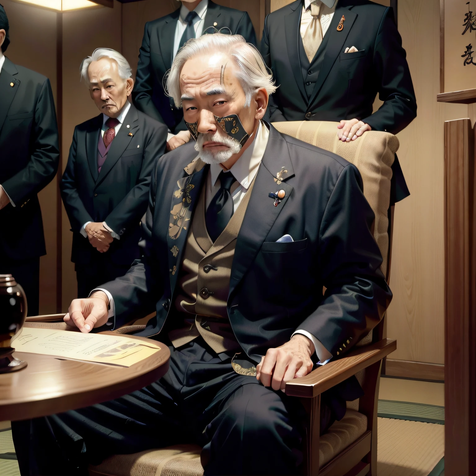 Looking at the camera、5man、japanes、Old man in suit、male people、Fancy chair, A lot of money for Japan yen, goldbar, JPY Japan, Dark Tone, Cinematic