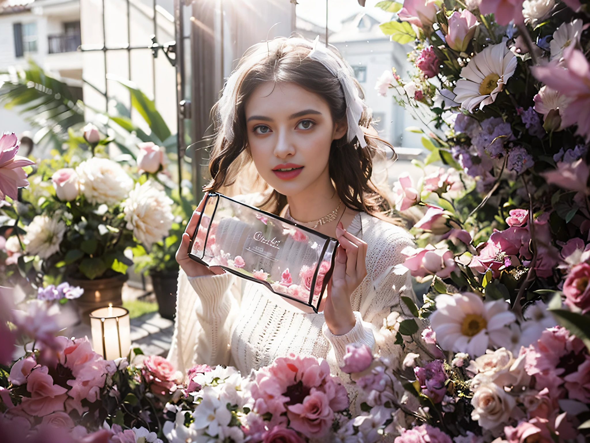 A house full of pink roses, Pink roses filled the girl's side, lightand shade contrast, Strong light shines on the girl's body,at the terrace, Flower-filled environment, (Photorealistic:1.4), 1girll, Holding a white box in his hand,Girl in white wedding dress,wearing a white sweater, Solo, Exquisite facial features, Earrings, choker necklace, Skirt, Stand, Indoors, Masterpiece,Best quality