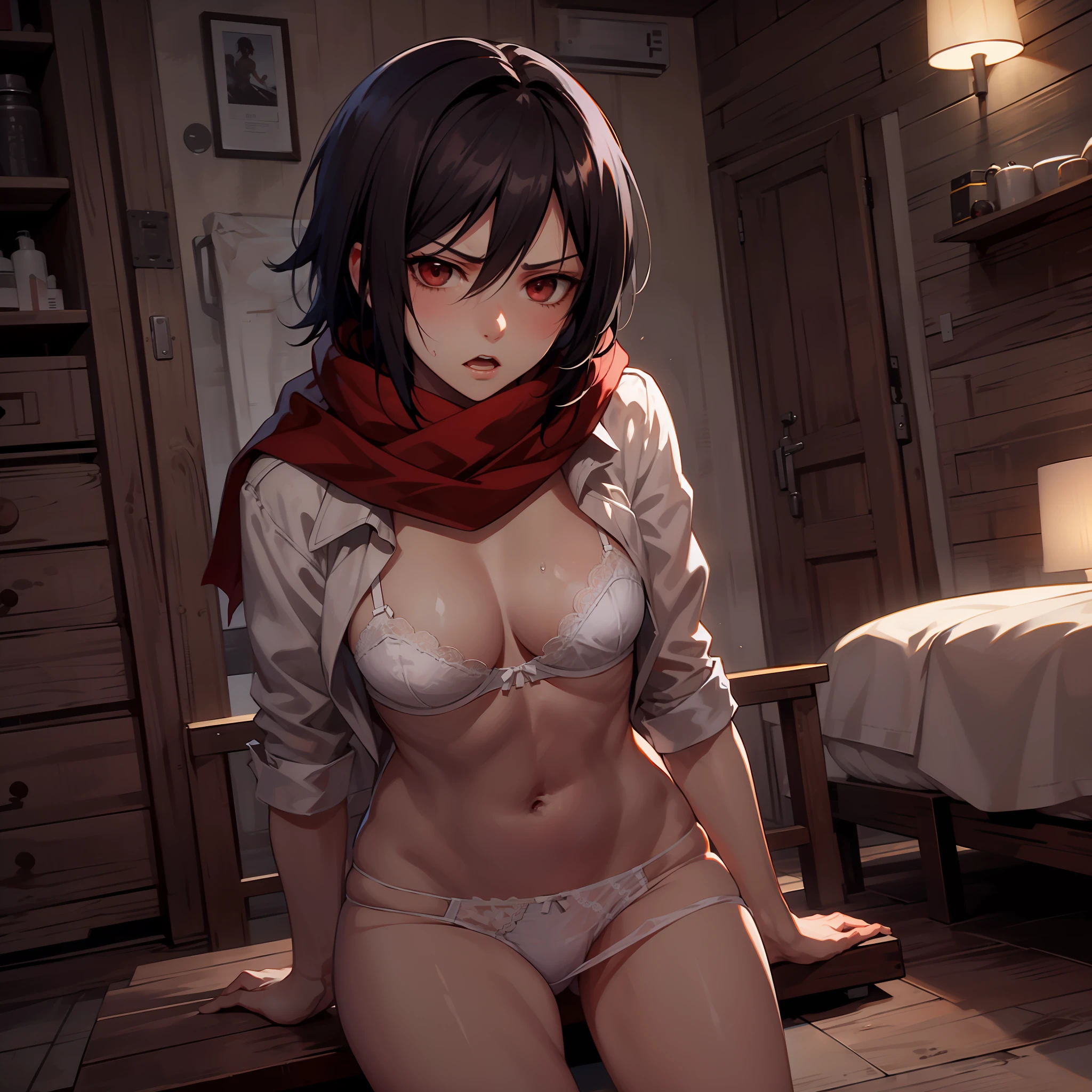 top-quality,masterpiece,8K,nffsw\,Best Quality,1girl in,Mikasa_ackerman,Naked figure,Sheer white underwear,Underwear that can be taken off,Wet underwear,Sheer panties,Bra taken off,red scarf,skyporn,broody,Legs spread posture,Action art,Aim at the enemy,Face full of murderous look,Bullish appearance,angry looking face,embarassed expression,sinister gang,butyric,arma,minimalism,Impact art,On the bed in the night view,