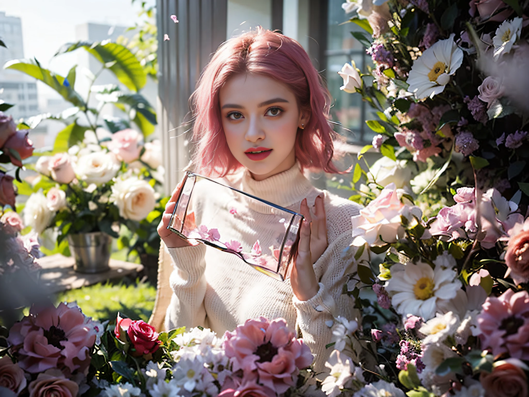 A house full of pink roses, Pink roses filled the girl's side, lightand shade contrast, Strong light shines on the girl's body,at the terrace, Flower-filled environment, (Photorealistic:1.4), 1girll, Holding a white box in his hand,Girl in white wedding dress,wearing a white sweater, Solo, Exquisite facial features, Earrings,  choker necklace, Skirt, Stand, Indoors, Masterpiece,Best quality