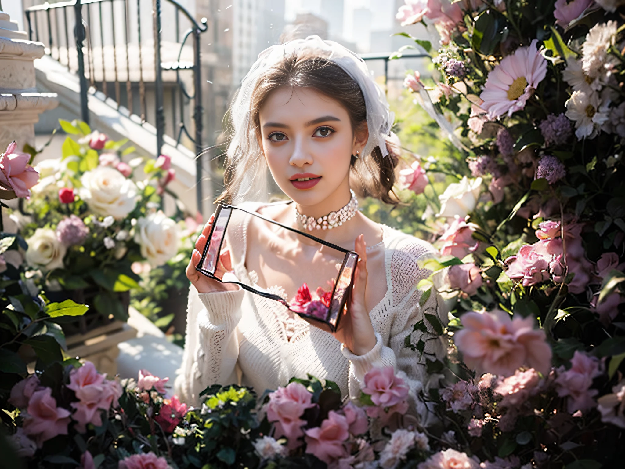 A house full of pink roses, Pink roses filled the girl's side, lightand shade contrast, Strong light shines on the girl's body,at the terrace, Flower-filled environment, (Photorealistic:1.4), 1girll, Holding a white box in his hand,Girl in white wedding dress,wearing a white sweater, Solo, Exquisite facial features, Earrings, choker necklace, Skirt, Stand, Indoors, Masterpiece,Best quality