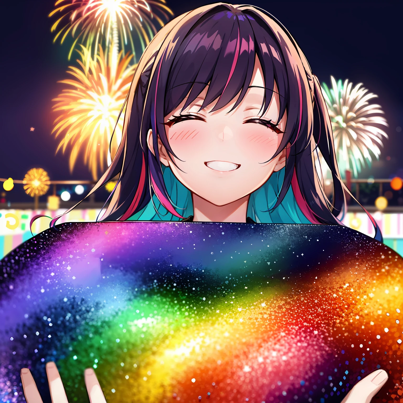 超A high resolution, nffsw, Best aesthetic, Best Quality, masutepiece, a couple,The best smile, Smile and close your eyes, Very big mouth smile, rainbow hair, multicolored hair, rainbow eyes, Stalls and fireworks background